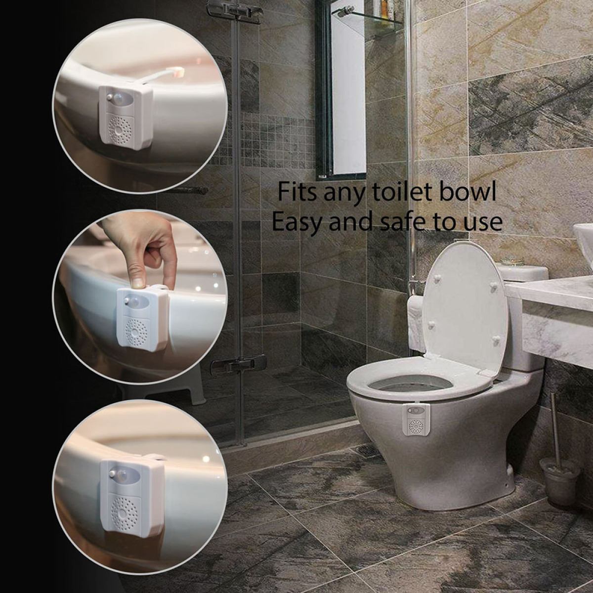 Eine Toilette mit einem Licht daran in einer Badezimmereinstellung, mit Text, der es beschreibt.