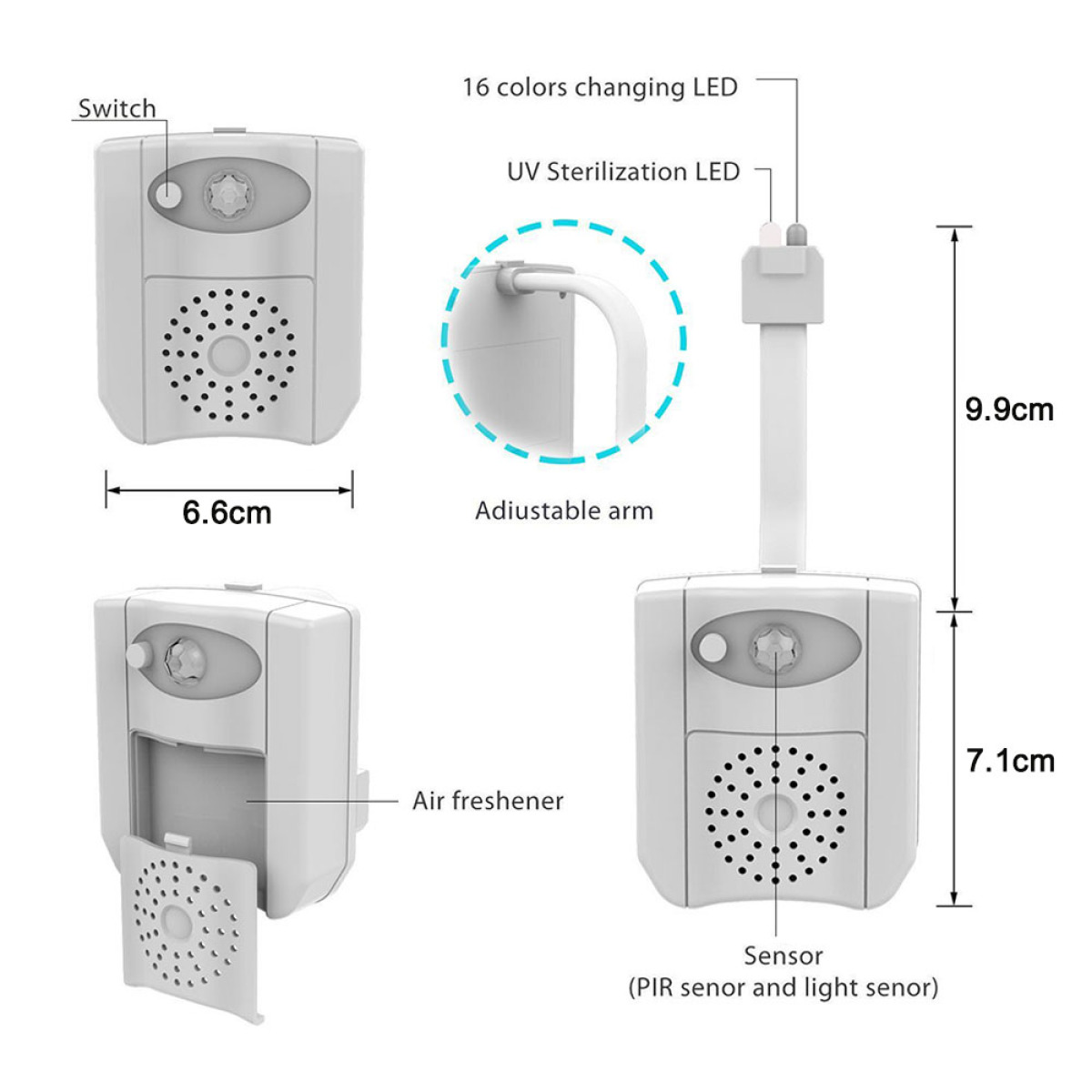 Weißes Gerät mit verstellbarem Arm und Maßangaben. Lufterfrischer und Sensor sind notiert.