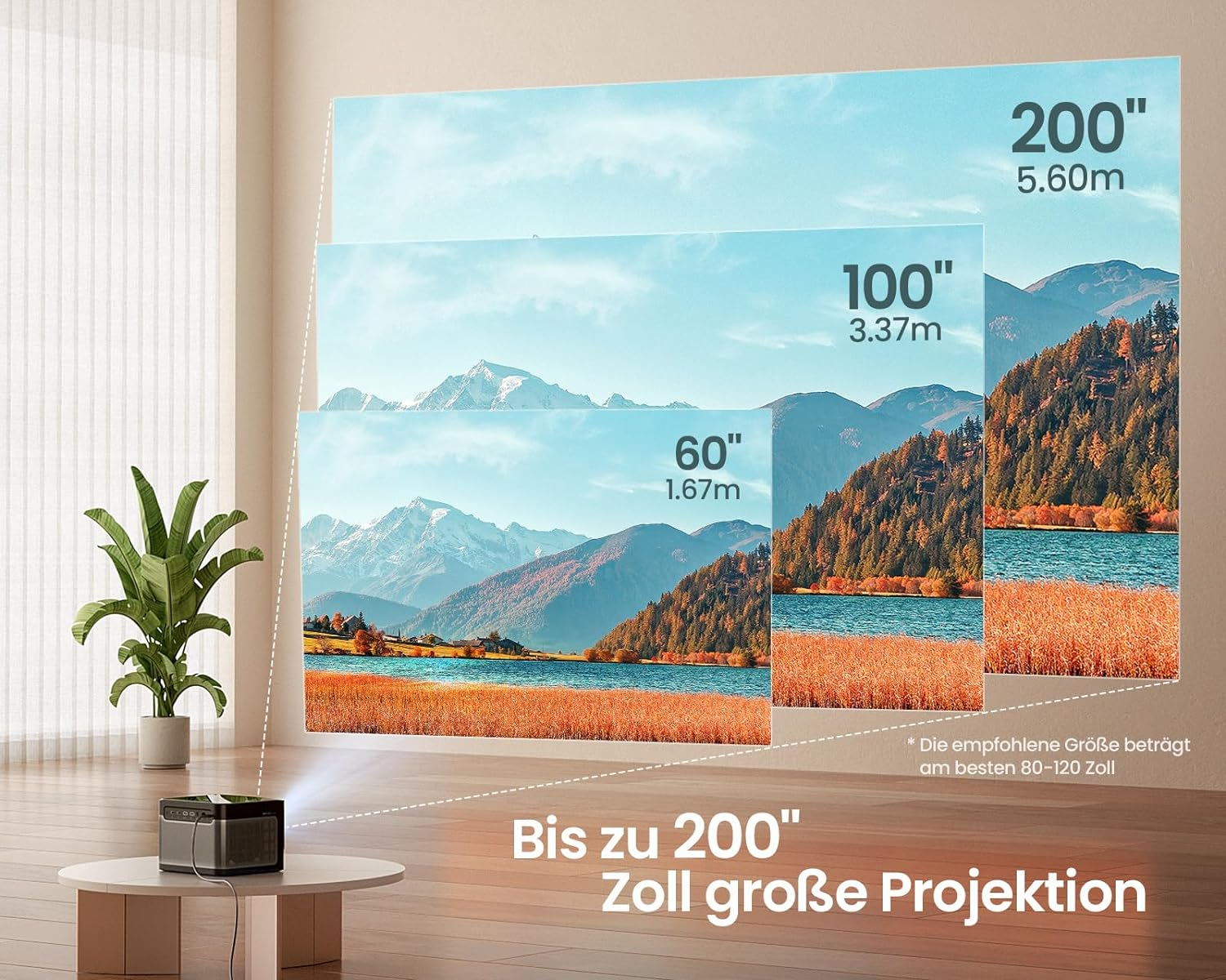 Ein Projektor, der Bilder in verschiedenen Größen mit Bergen und einem See projiziert.