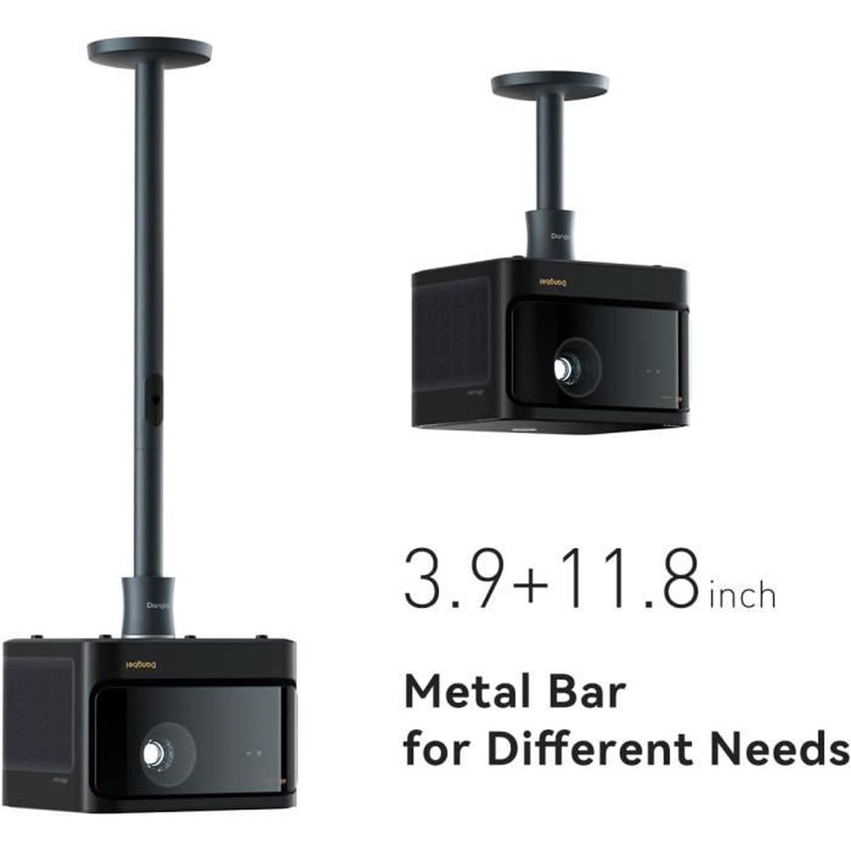 Zwei schwarze Projektoren mit Metallstangen, einer an der Decke, der andere auf einem Tisch.