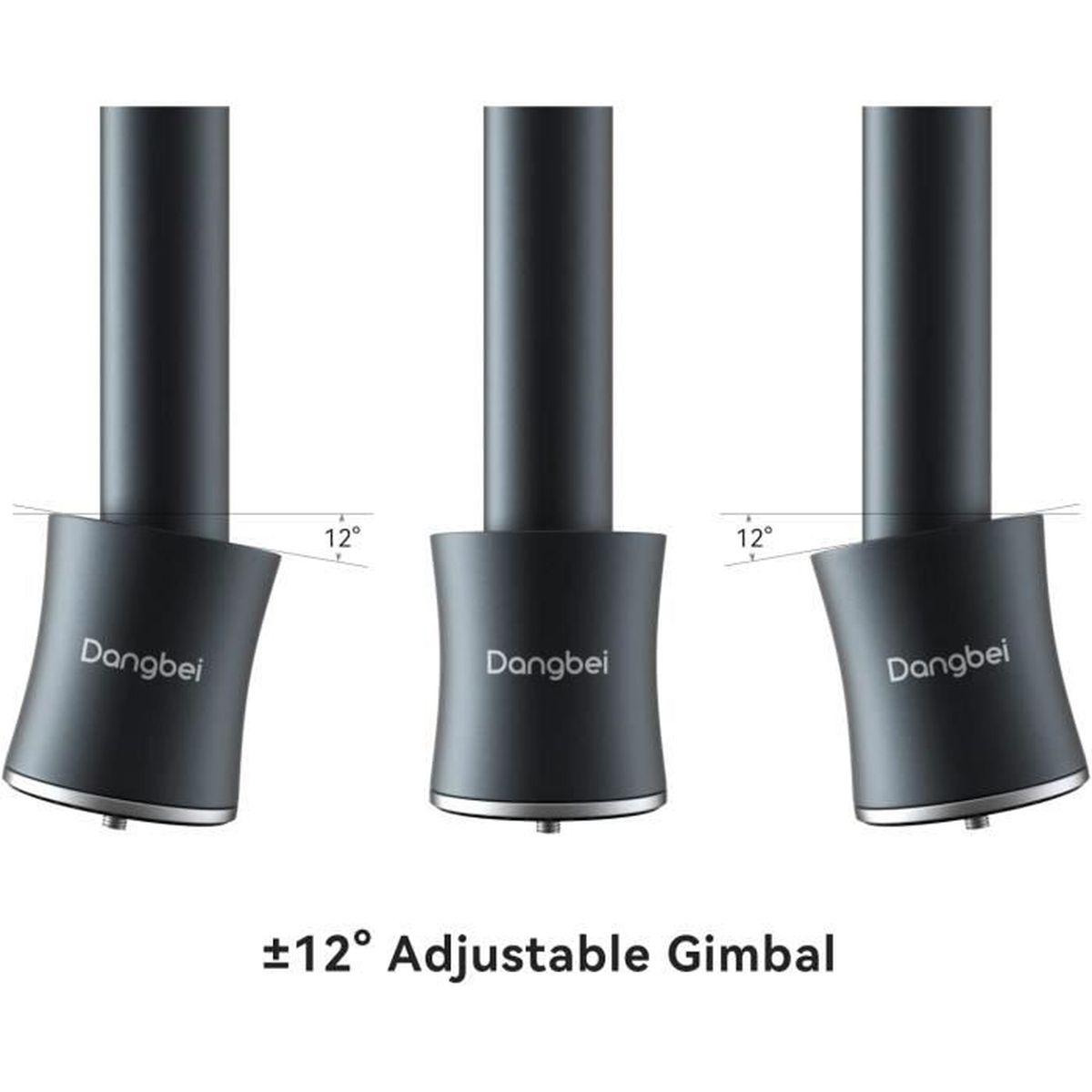 Drei dunkelgraue Gimbal-Leuchten, die um 12 Grad geneigt sind. Der Text lautet "±12° Adjustable Gimbal".