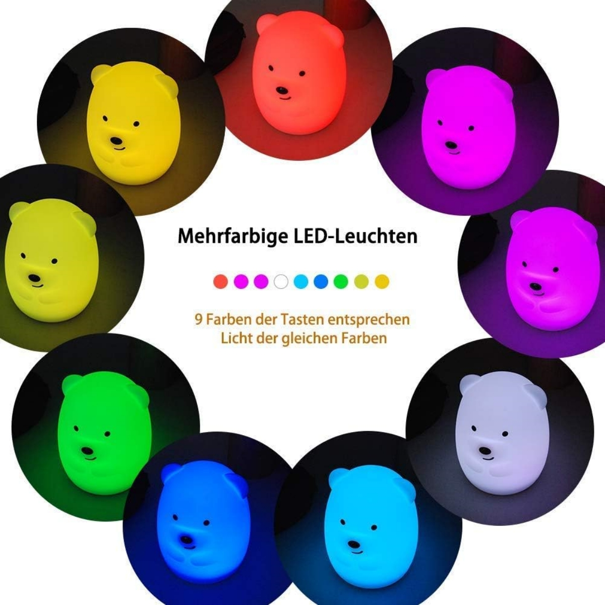 Ein Kreis aus bunten, bärenförmigen Nachtlichtern. Die Lichter sind in verschiedenen Farben.