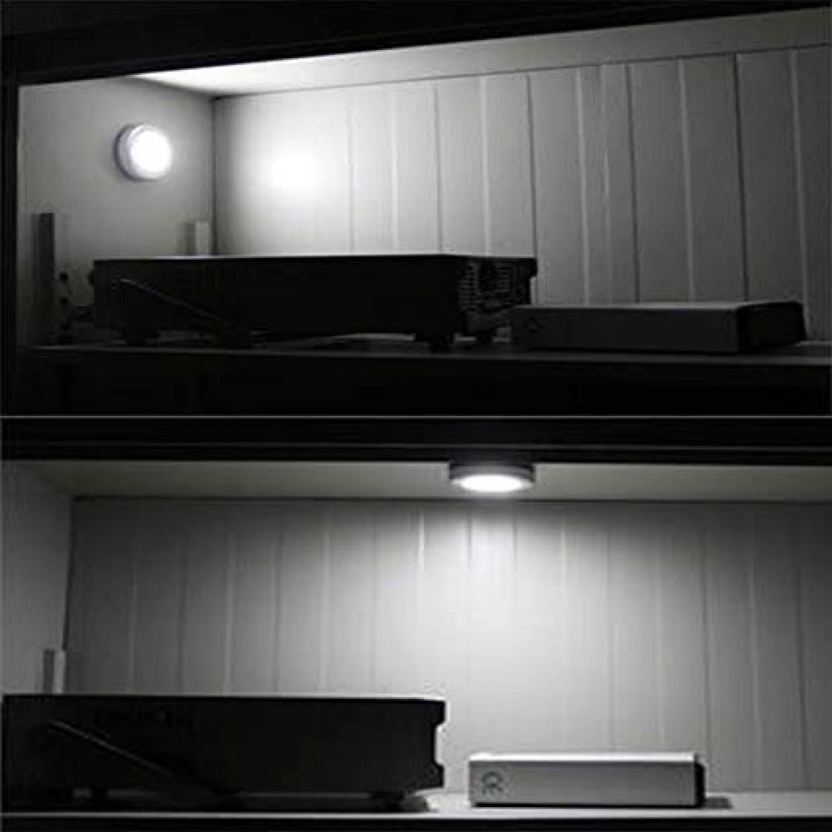 Zwei ähnliche Bilder eines kleinen Schranks mit Licht darin. Das Licht ist im unteren Bild an.