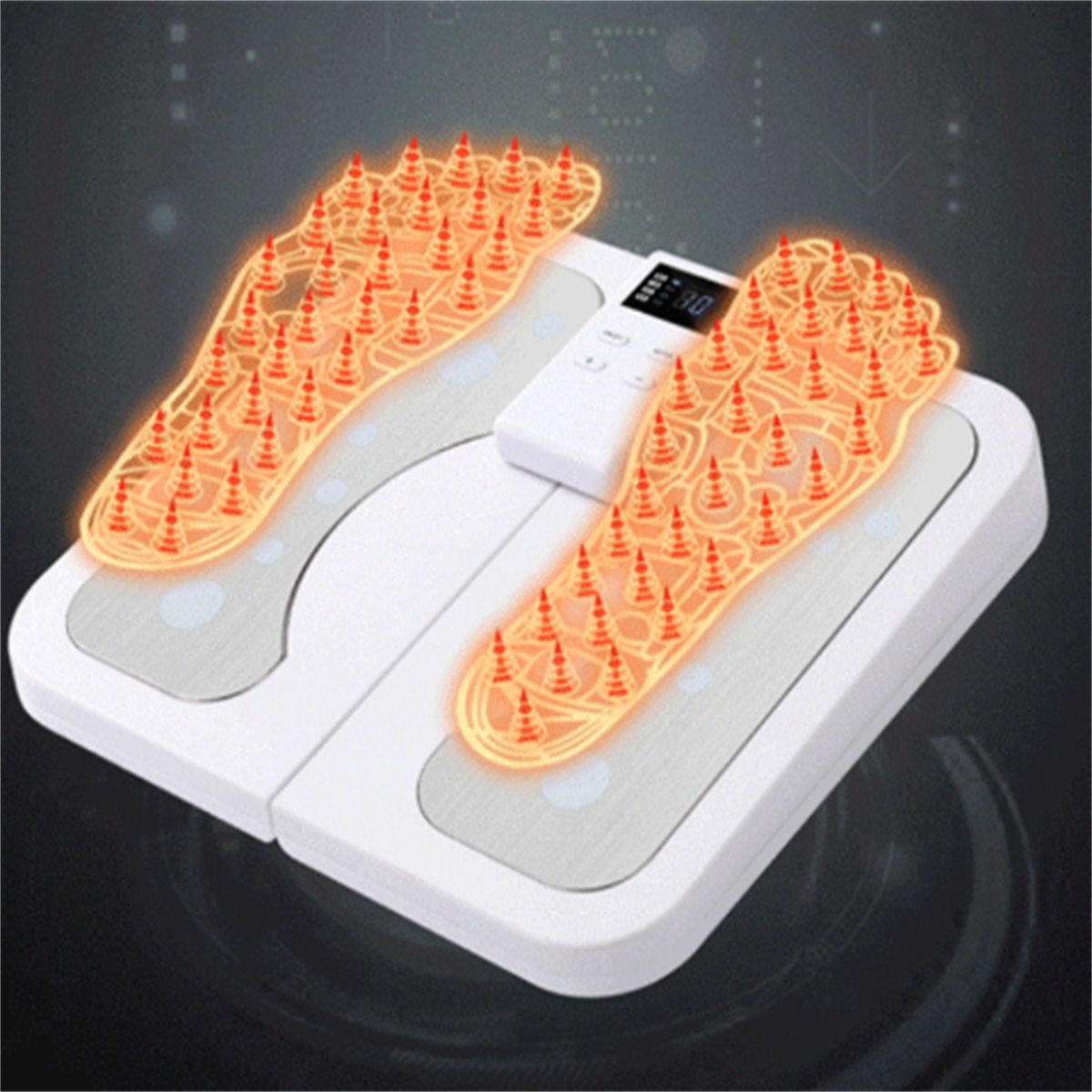 Fußmassagegerät mit zwei fußförmigen Pads mit Massageknoten und einer Fernbedienung.