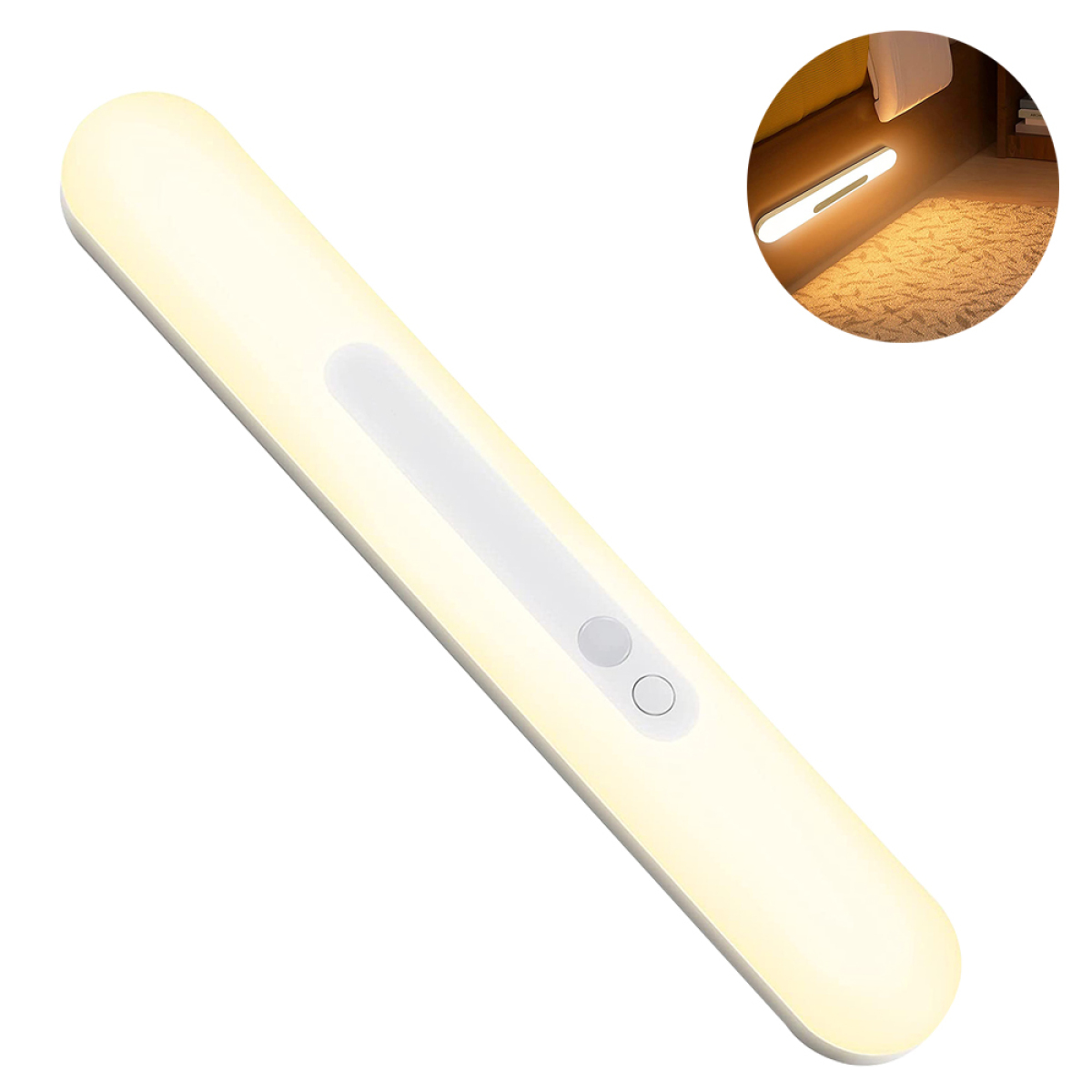 Ein langes, weißes LED-Licht. Zwei Knöpfe sind auf dem Licht, der Hintergrund ist weiß.