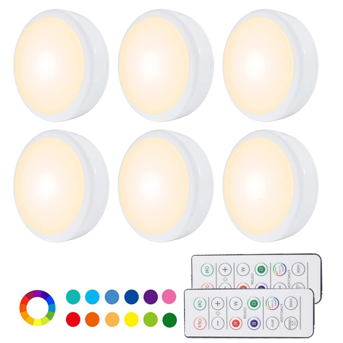 Sechs weiße, runde LED-Leuchten mit Fernbedienung und Farbrad, die mehrere Farboptionen zeigen.