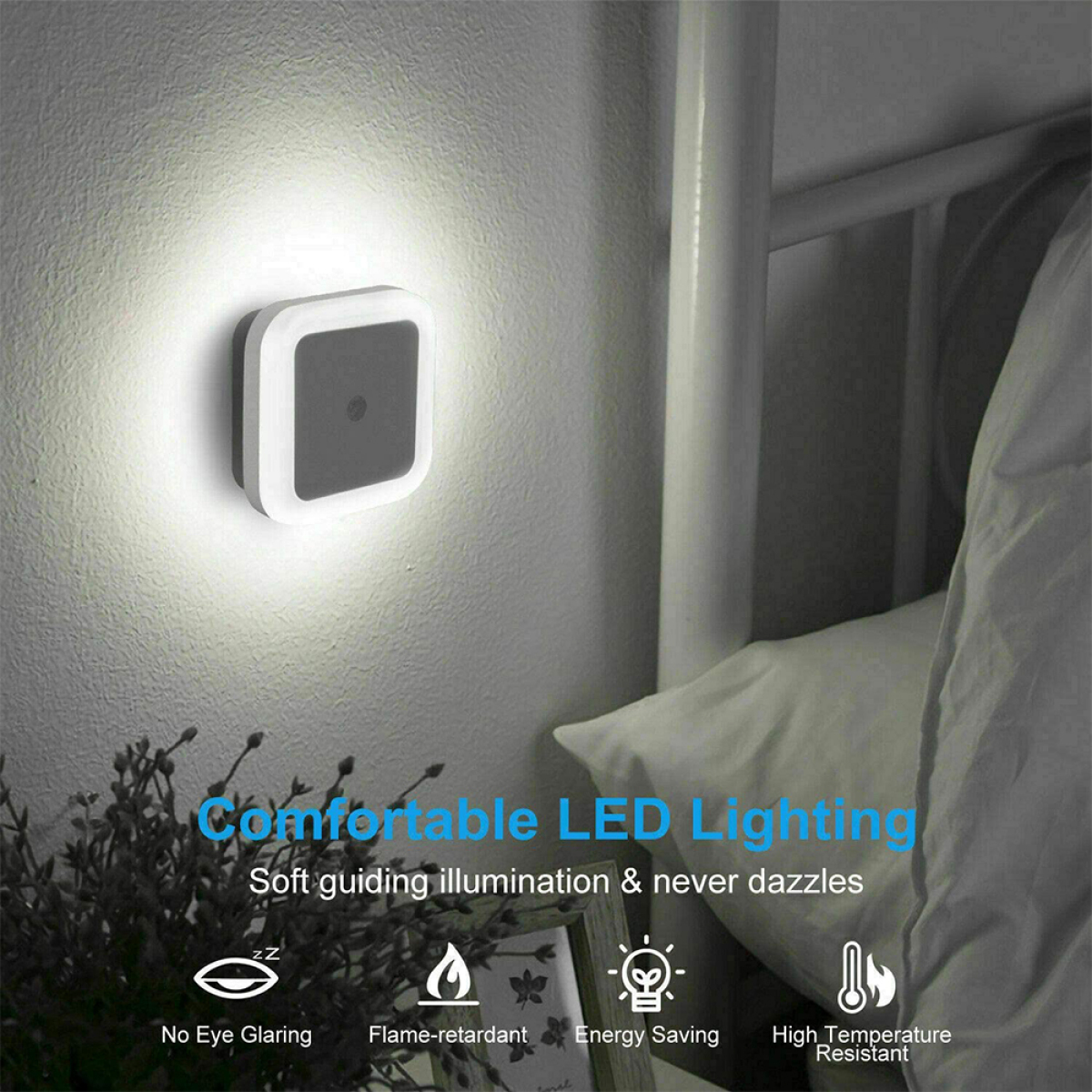 Weißes Nachtlicht an der Wand. Quadratische Form, gibt Licht ab. Text: 'Comfortable LED Lighting'.