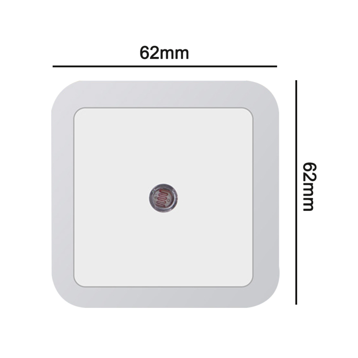 Quadratisches Nachtlicht mit Maßen. Weiß mit kreisförmigem Lichtsensor.
