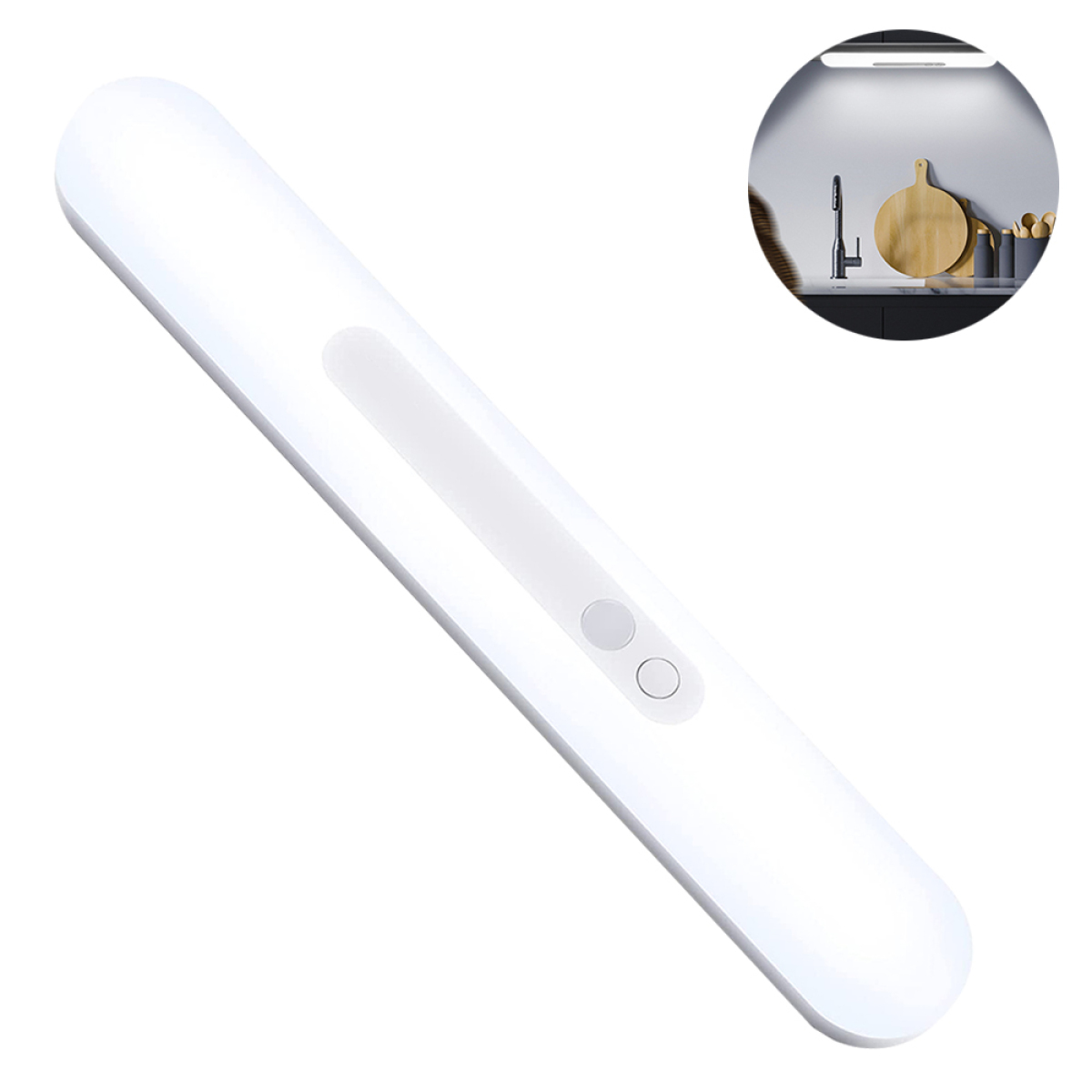 Eine lange, weiße LED-Lichtleiste mit zwei Knöpfen und eine Küchenszene im Kreis.