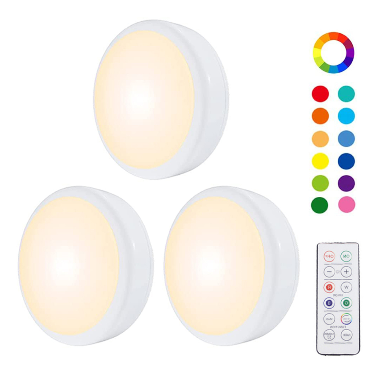Drei weiße runde Lichter mit einer Fernbedienung mit Farboptionen.