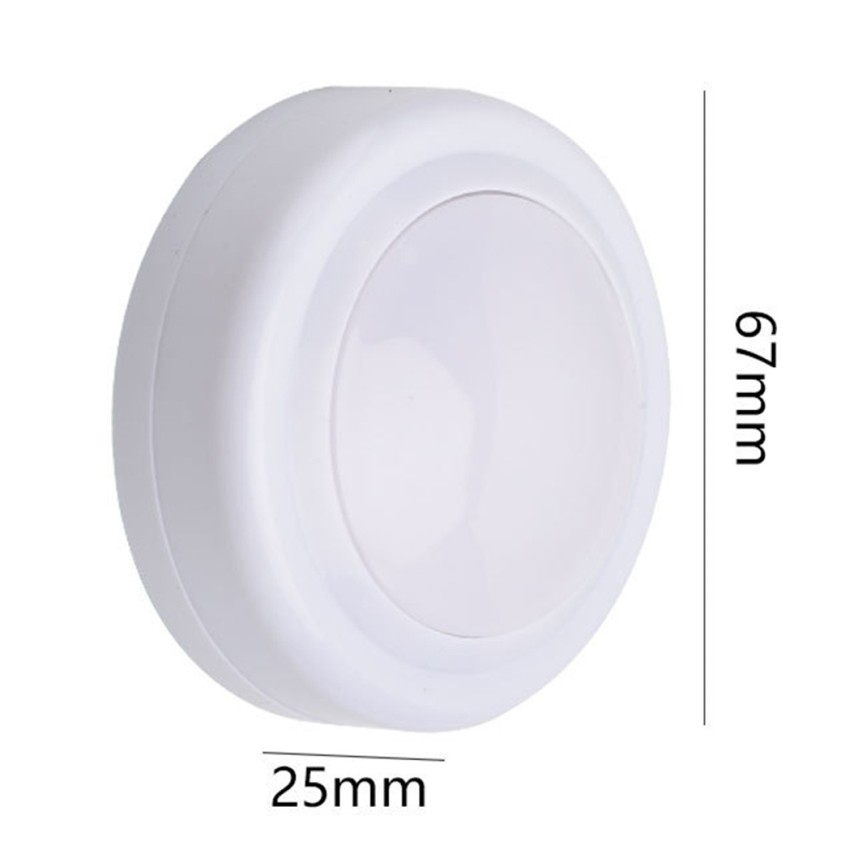 Weißes, rundes LED-Licht. Es misst 25 mm x 67 mm. Weißer Hintergrund.