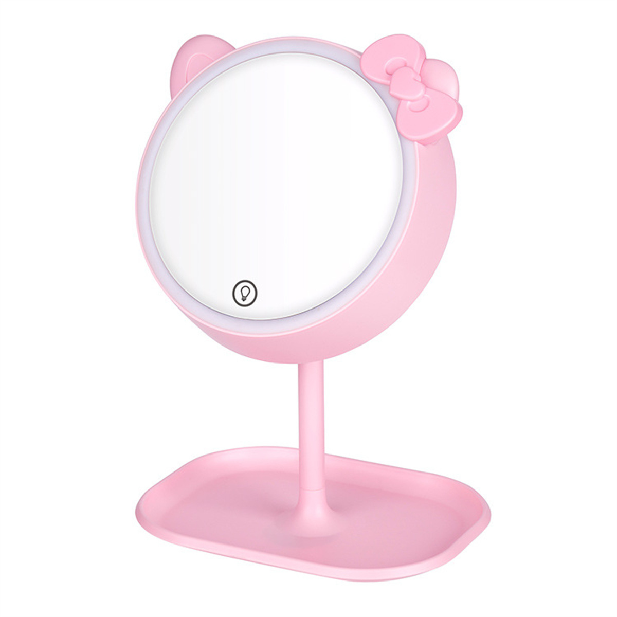 Ein rosa Hello Kitty-Spiegel mit Schleife und Sockel auf weißem Hintergrund.