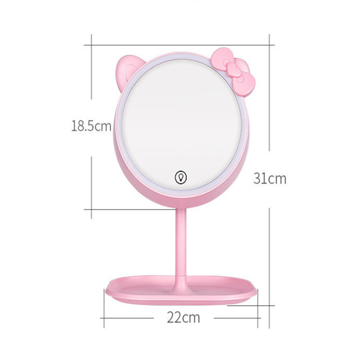Ein rosa Hello Kitty Spiegel auf einem Ständer, mit Maßangaben im Bild.