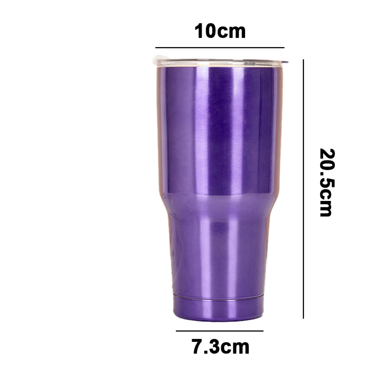 Lila isolierter Becher mit Maßangaben. Zylindrisch mit Deckel.