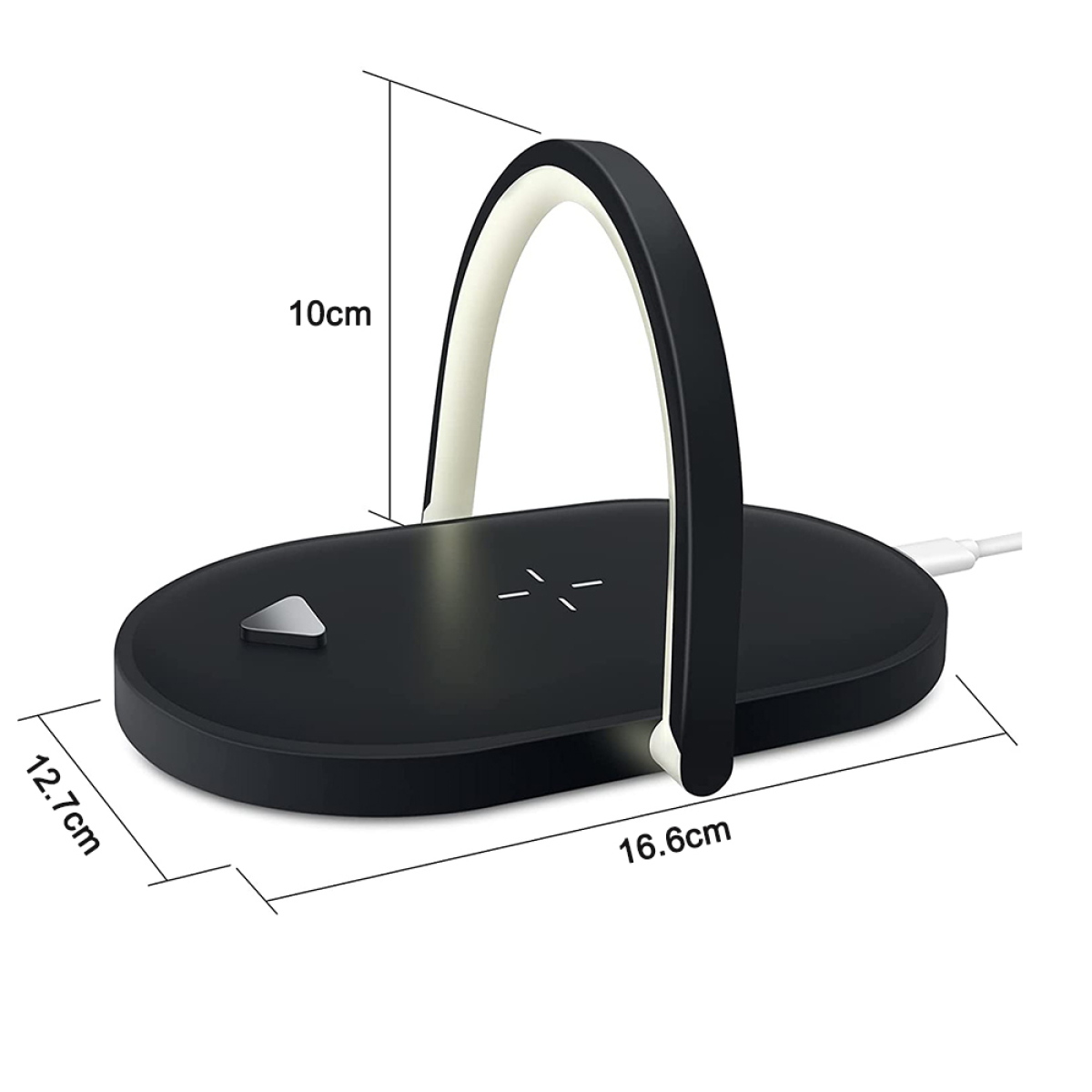 Schwarzes kabelloses Ladepad mit weißem, gebogenem Griff. Maße: 10cm x 16,6cm x 12,7cm.