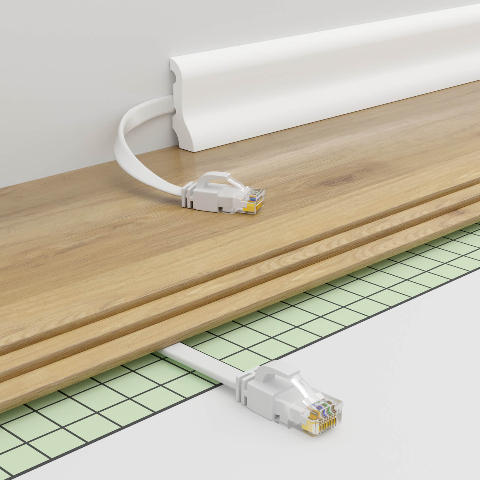 Nahaufnahme von Ethernet-Kabeln, die unter einem Holzboden neben einer Fußleiste verlegt werden.
