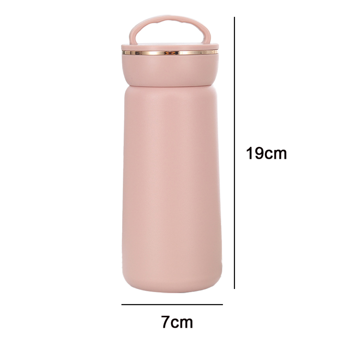 Eine rosa isolierte Wasserflasche mit Griff oben und einem schwarzen Etikett mit Abmessungen.