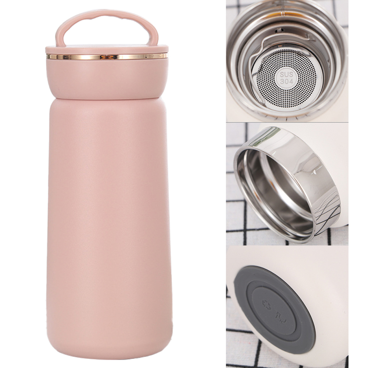 Rosa isolierte Wasserflasche. Details: Deckel, Innenraum, Boden, schwarz-weiß karierter Hintergrund.