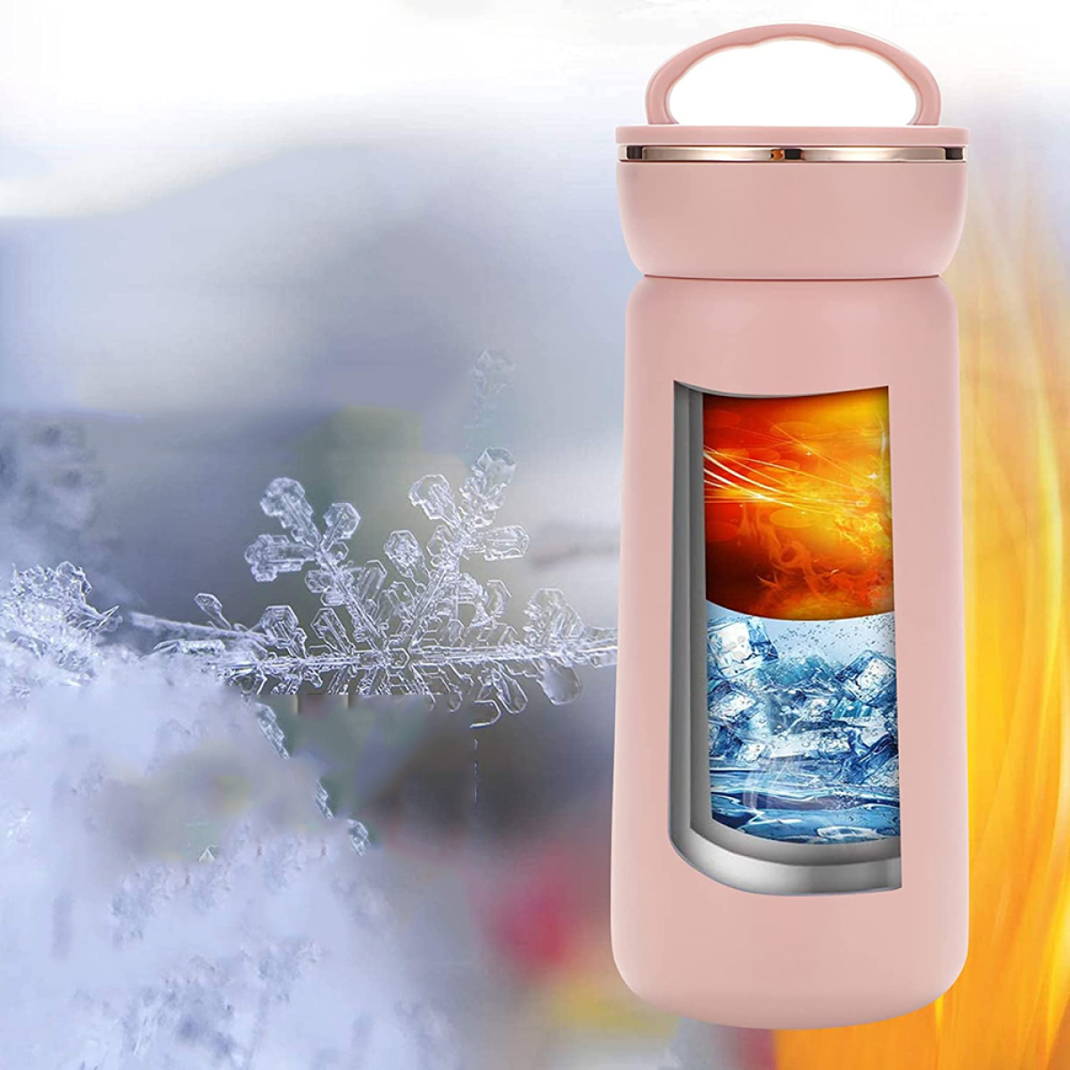 Eine rosa Thermosflasche mit einem Ausschnitt, der Eis und Hitze zeigt. Schneeflocken und verschwommener Hintergrund.