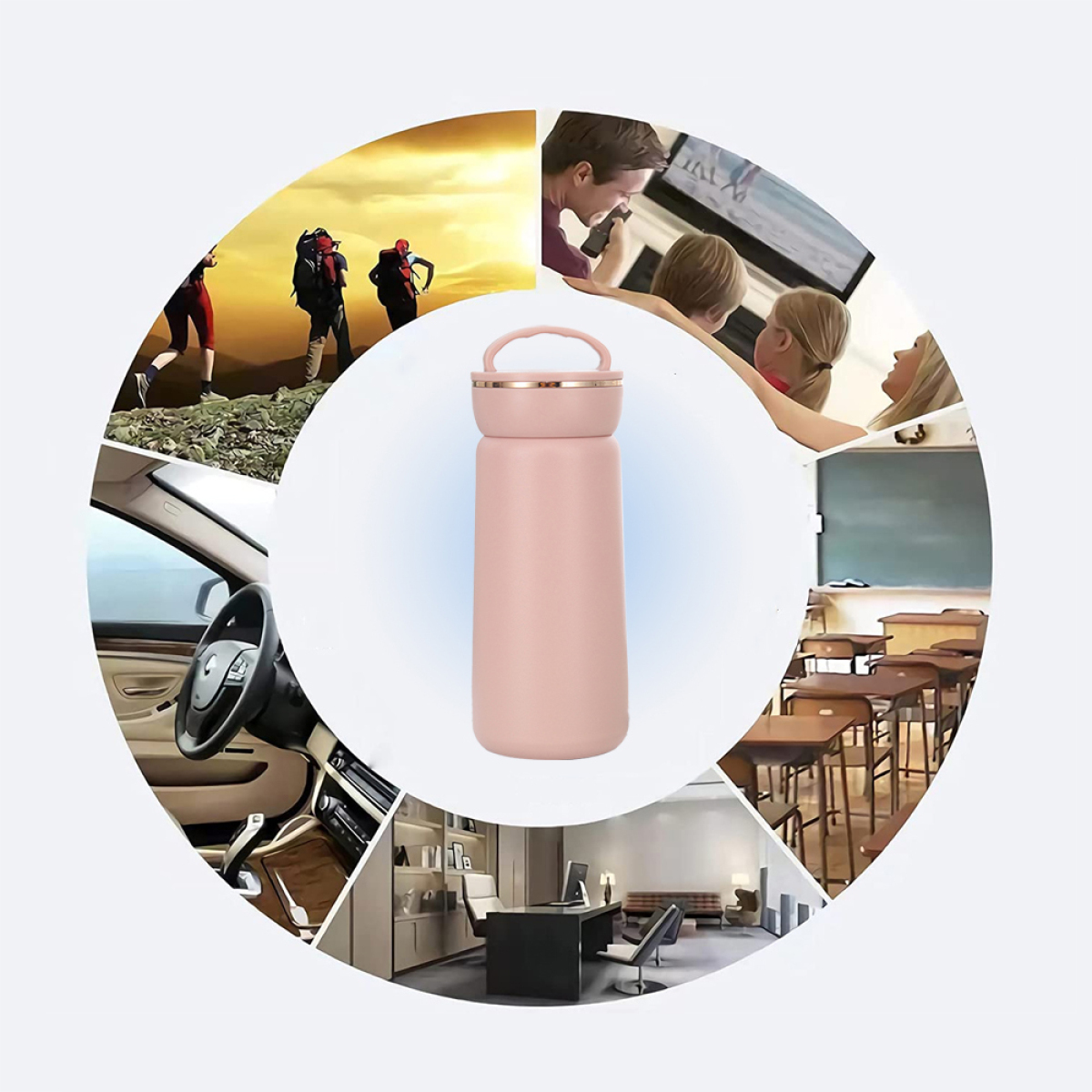 Rosa Isolierflasche mit verschiedenen Szenenausschnitten, darunter Menschen, Auto, Klassenzimmer und Büro.
