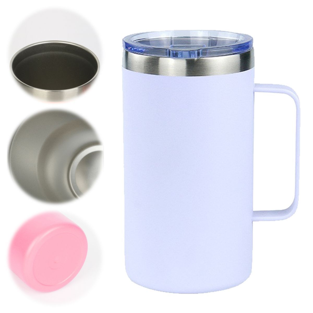 Ein weißer Becher mit Henkel, Deckel und Innenkomponenten gezeigt.