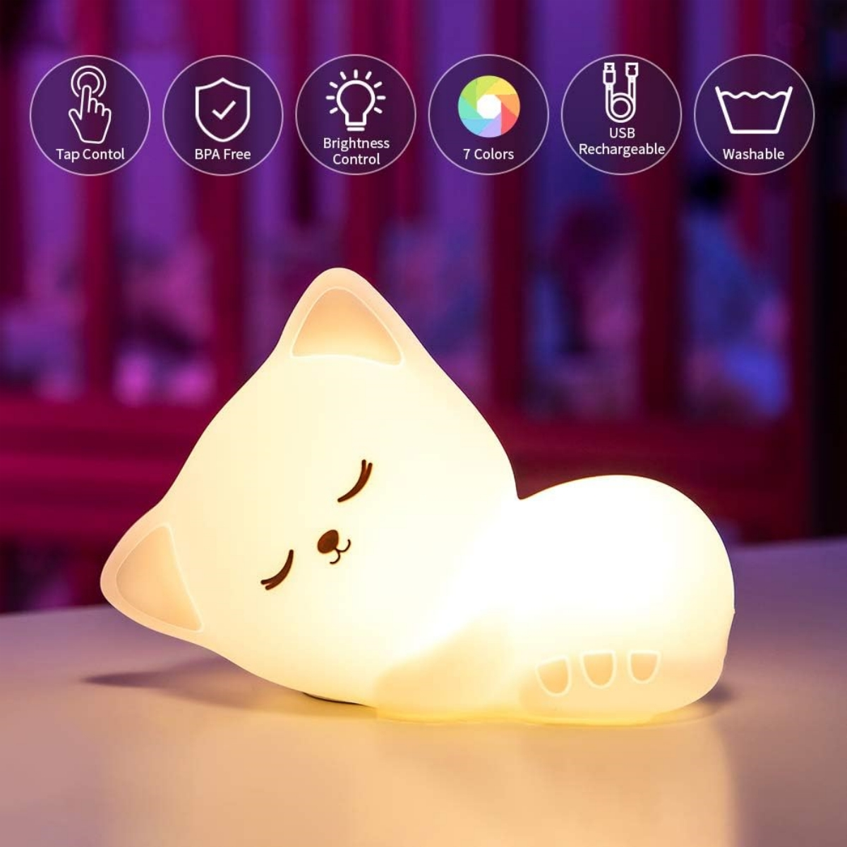 Katzenförmige Lampe mit Licht, verschiedene Symbole darum herum.