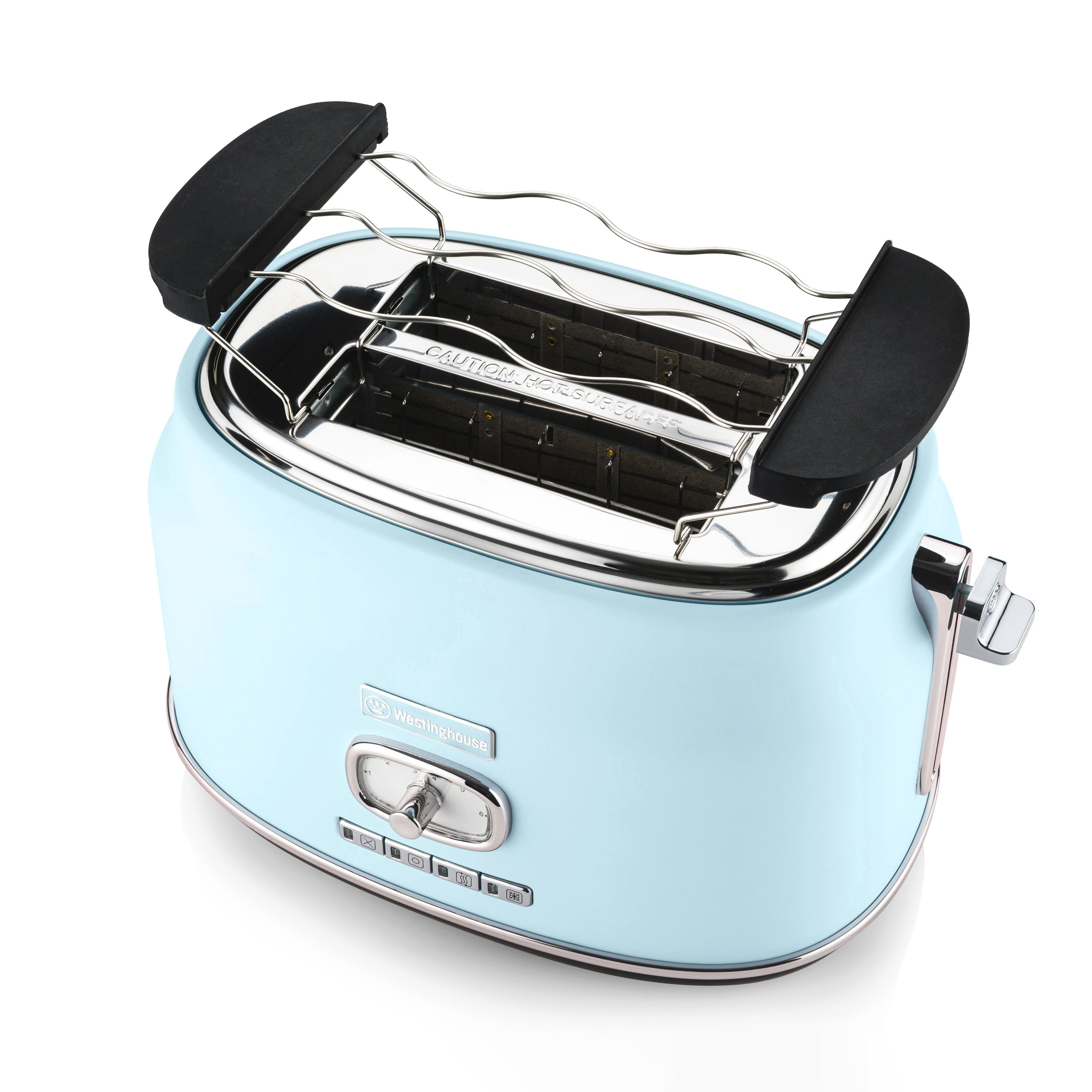 Hellblauer Westinghouse-Toaster mit Chromoberteil, schwarzen Griffen und Leistungsregelung.