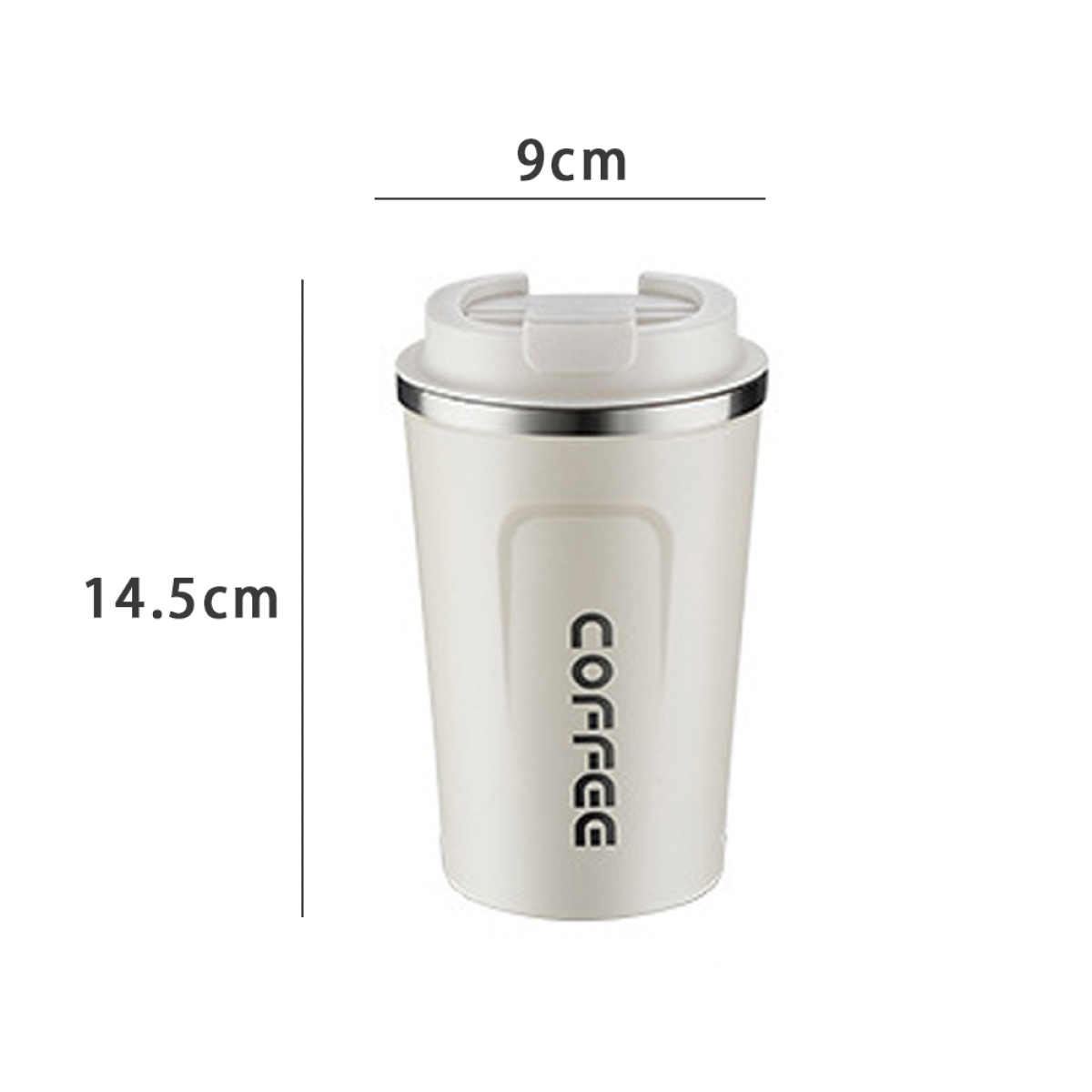 Ein weißer Kaffee-Reisebecher mit Kaffeeaufdruck. Abmessungen sind angegeben.