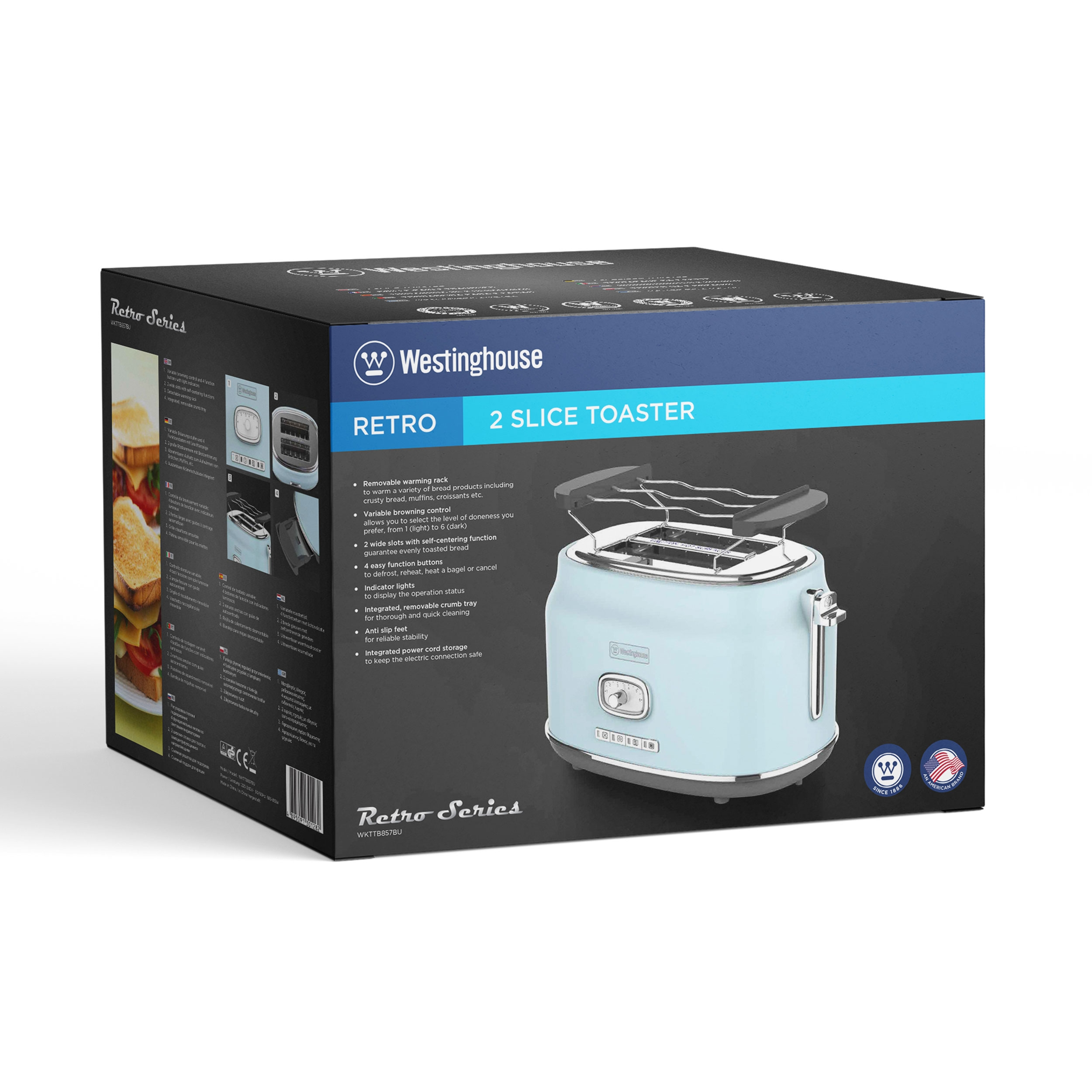 Eine Retro-2-Scheiben-Toasterbox mit Toasterbild. Die Box hat Funktionen und ein Retro-Design.