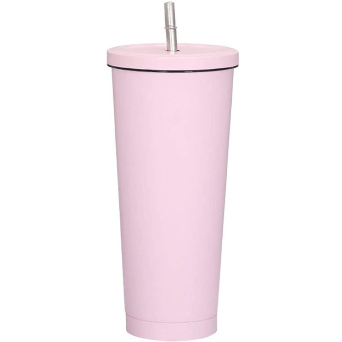 Rosa isolierter Becher mit Strohhalm und Deckel. Der Hintergrund ist schlicht weiß.