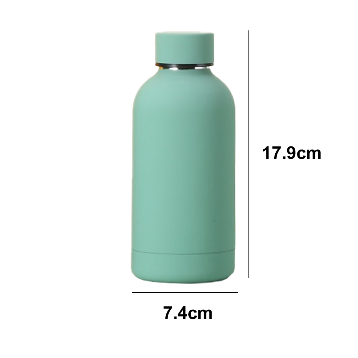 Eine mintgrüne Wasserflasche mit Deckel. Die Flasche steht auf weißem Grund.
