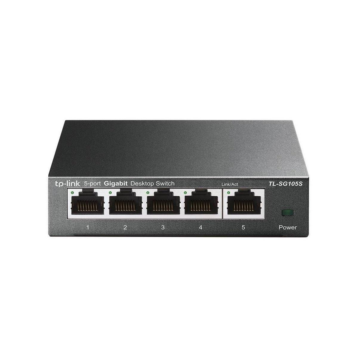 Ein schwarzer tp-link 5-Port Gigabit Desktop Switch. Er hat 5 Ports und Power/Link-Leuchten.