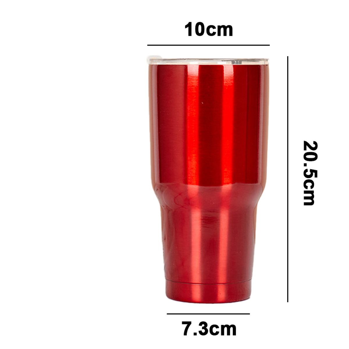 Ein roter Becher mit den Maßen 10 cm breit und 20,5 cm hoch, 7,3 cm Basis.