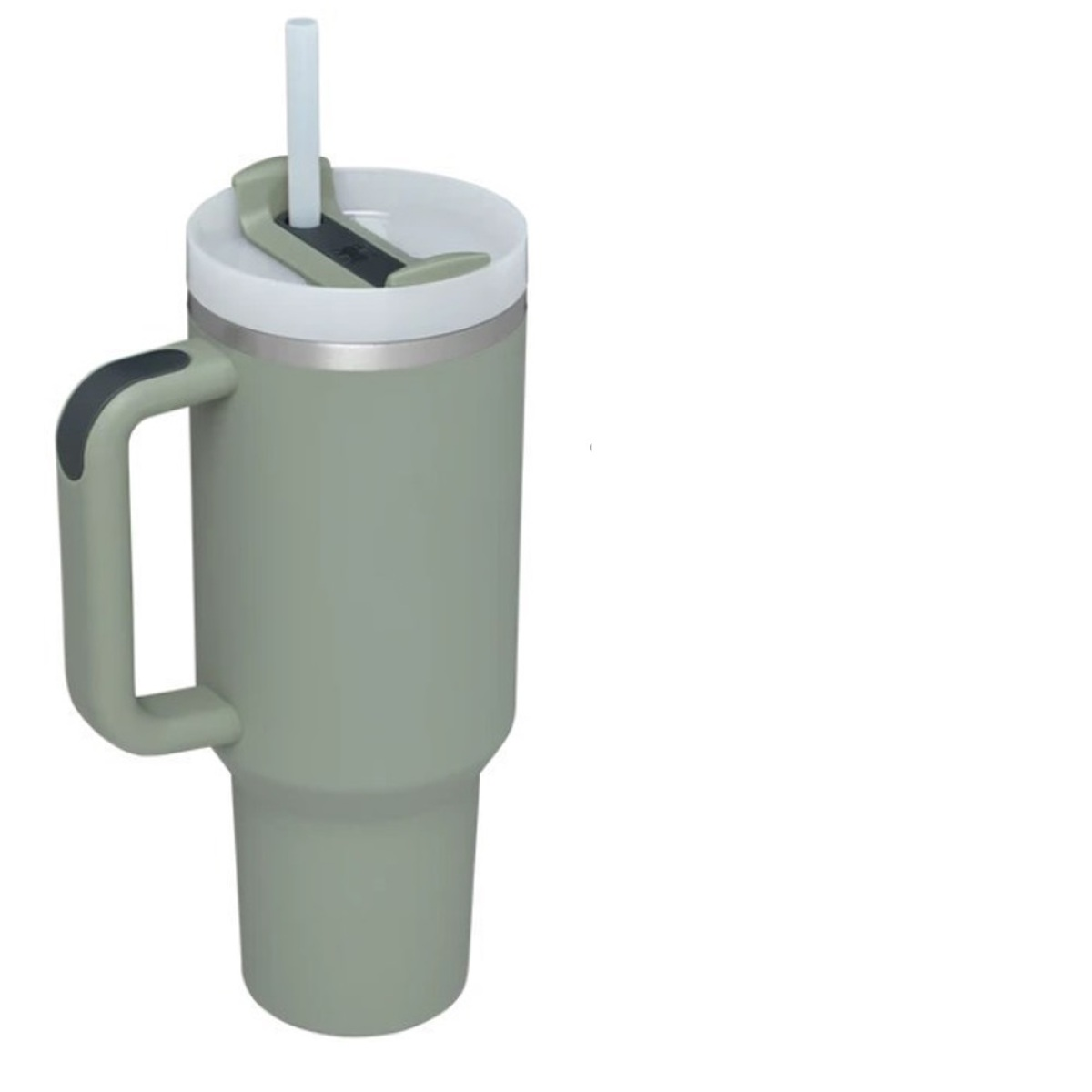 Ein grüner Becher mit Griff und Strohhalm, weißer Deckel, weißer Hintergrund.