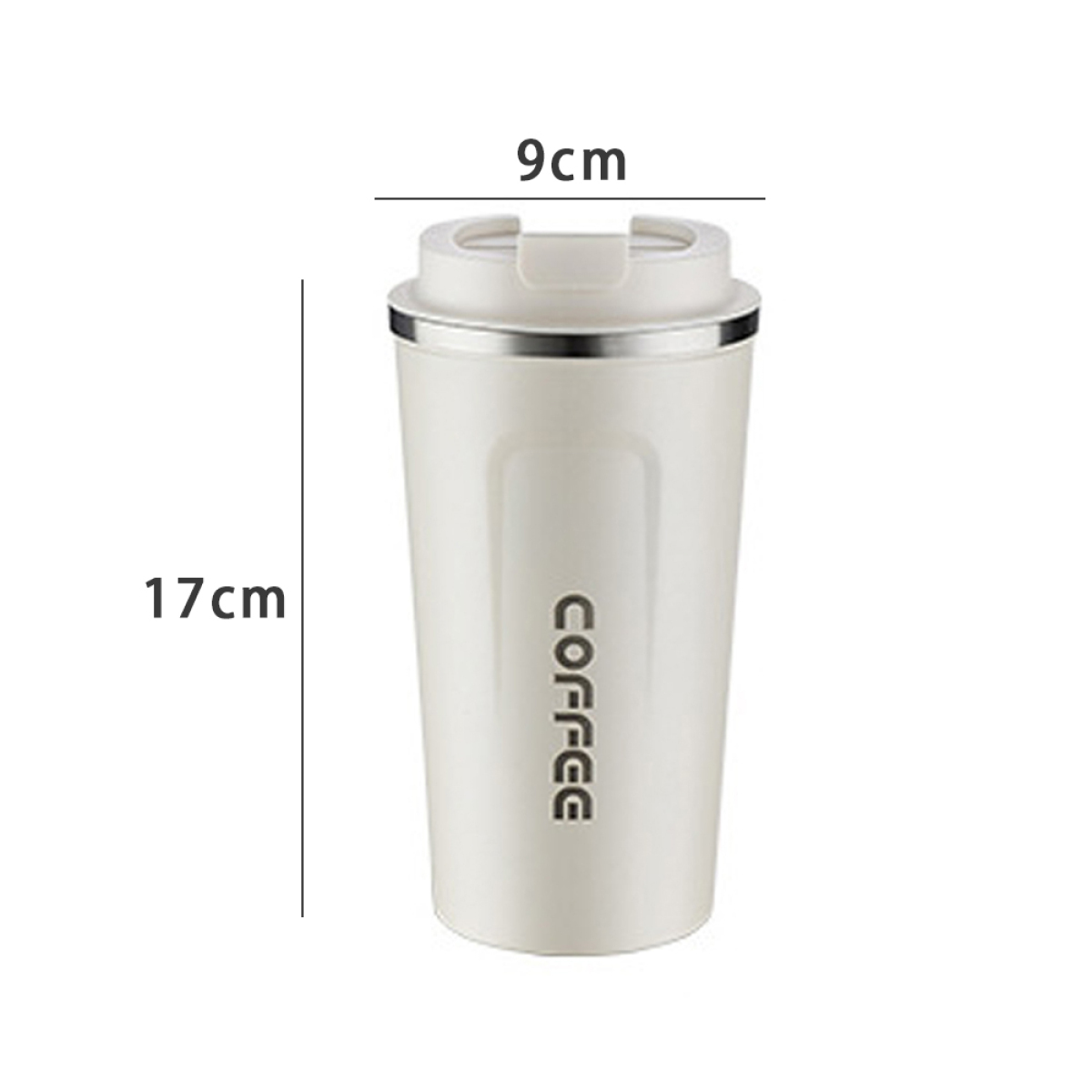 Weißer Reisebecher mit 'COFFEE'-Text. Misst 17cm hoch und 9cm breit.
