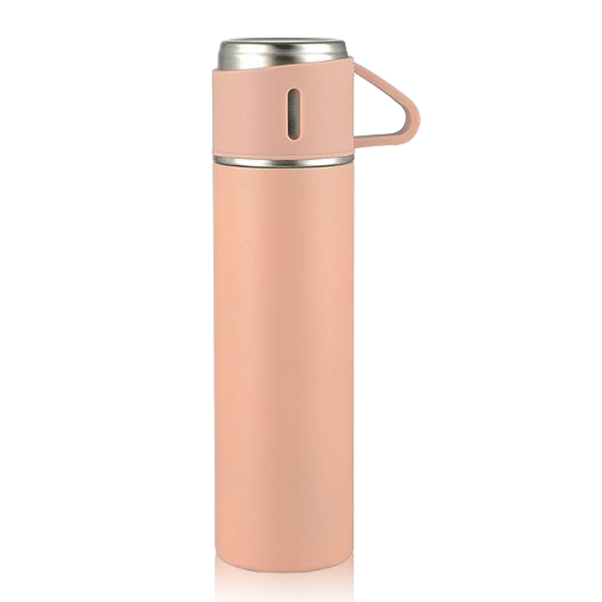 Rosa isolierte Wasserflasche mit Griff. Silberner Deckel. Weißer Hintergrund.