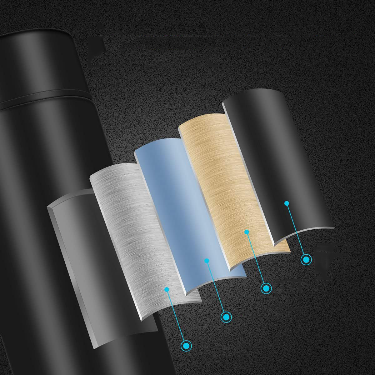 Schichten eines Produkts. Schwarzer Hintergrund, zeigt Materialschichten in verschiedenen Farben.