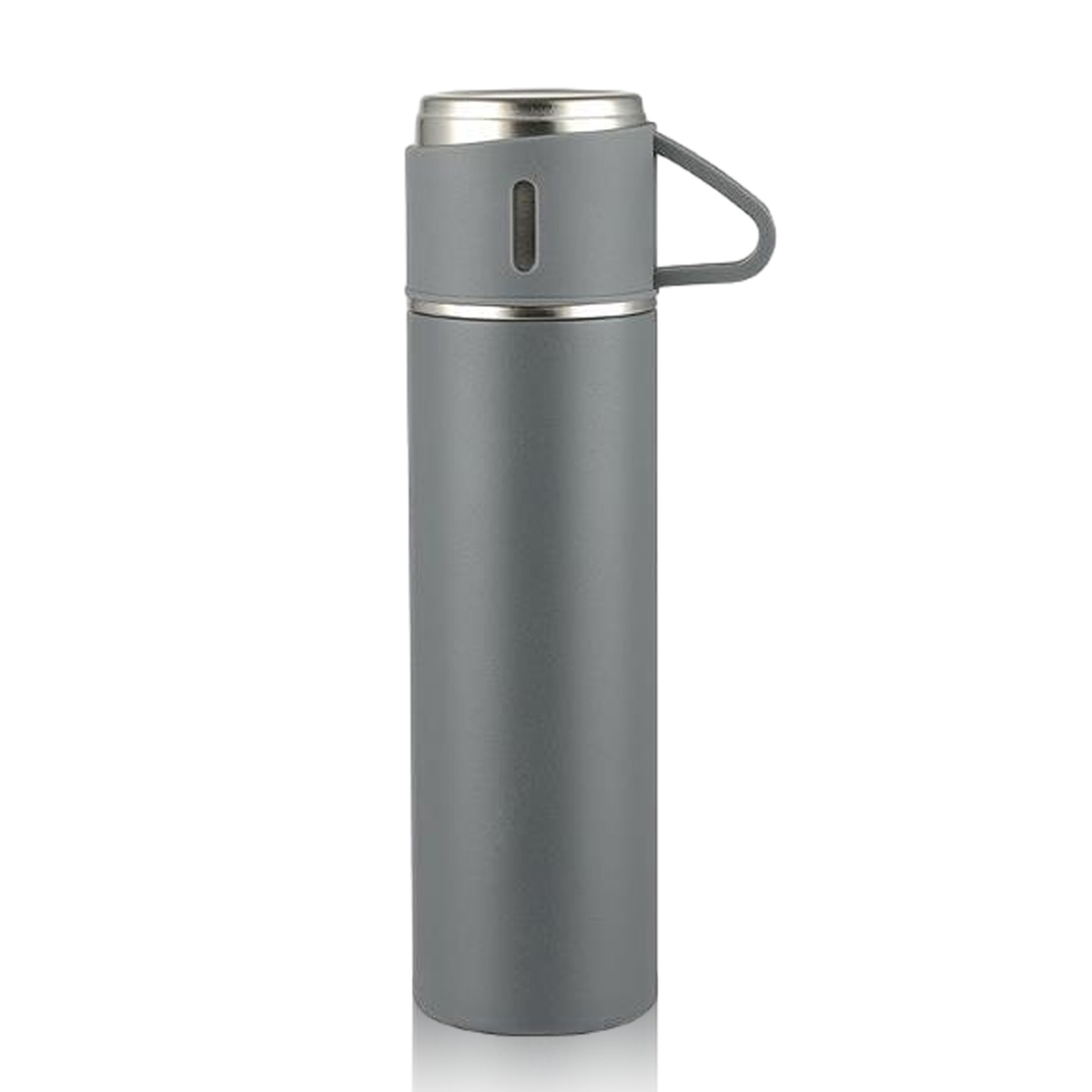 Eine graue Thermosflasche mit einem kleinen Becher oben. Die Flasche hat einen Griff.