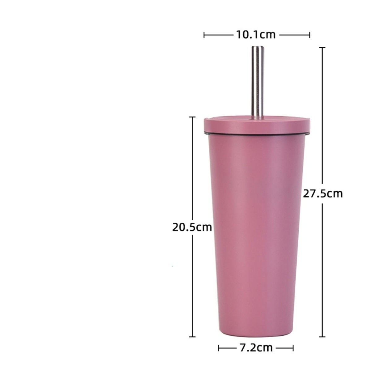 Rosa Becher mit Maßangaben. 27,5 cm hoch, 10,1 cm breit, 7,2 cm Grundfläche. Silberner Strohhalm.