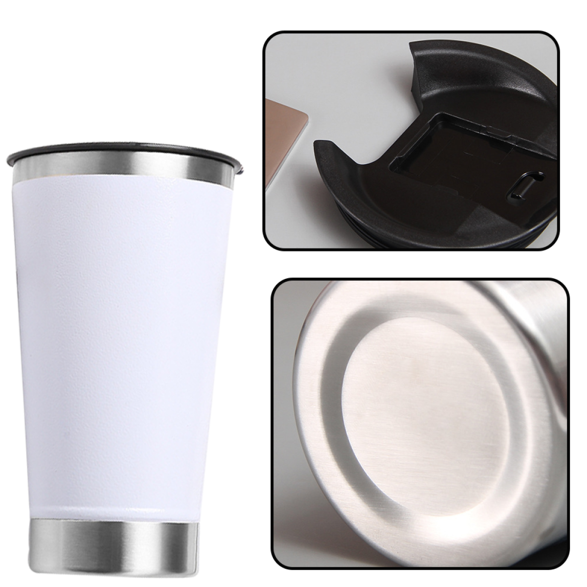 Ein weißer Becher mit Edelstahlrand und -boden. Nahaufnahmen zeigen den Deckel und den Boden.