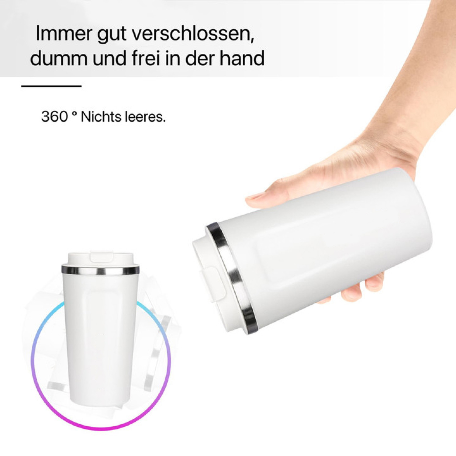 Ein weißer Becher mit silbernem Rand, gezeigt mit einer Hand und einem anderen Becher, mit Text.
