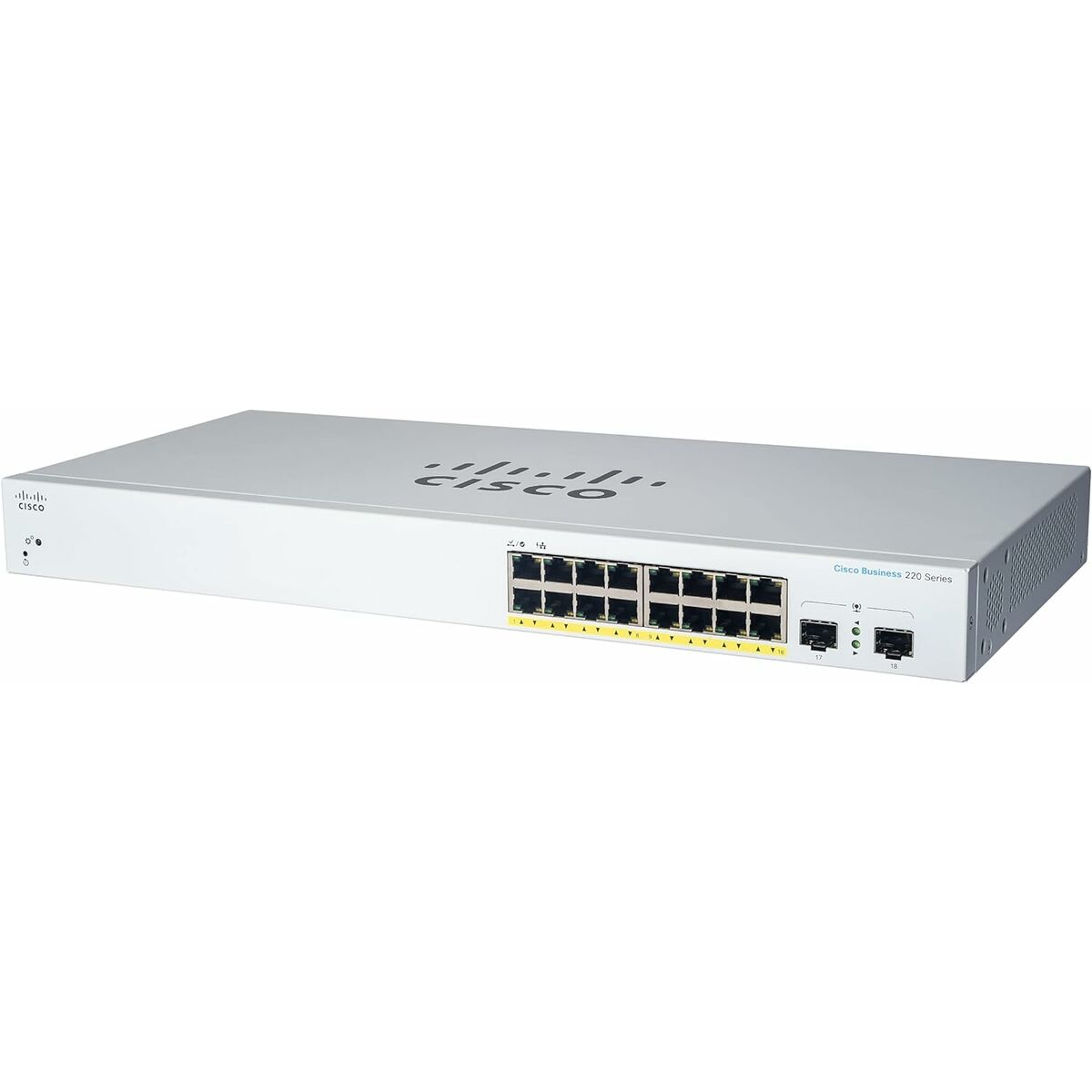 Uno switch Cisco Business 220 Series bianco con più porte. Logo e nome del modello visibili.