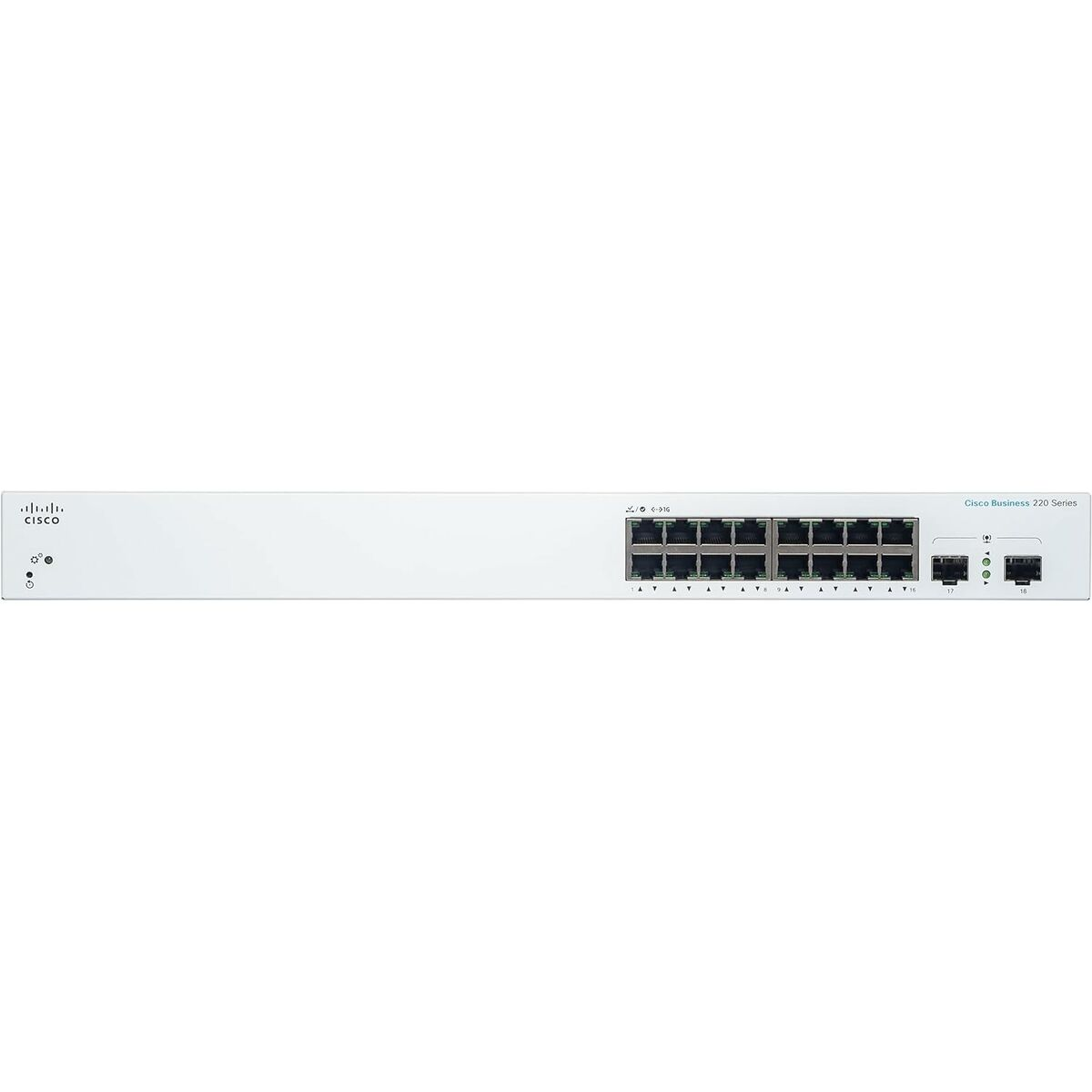 Uno switch bianco Cisco Business 220 Series con diverse porte. È su sfondo bianco.