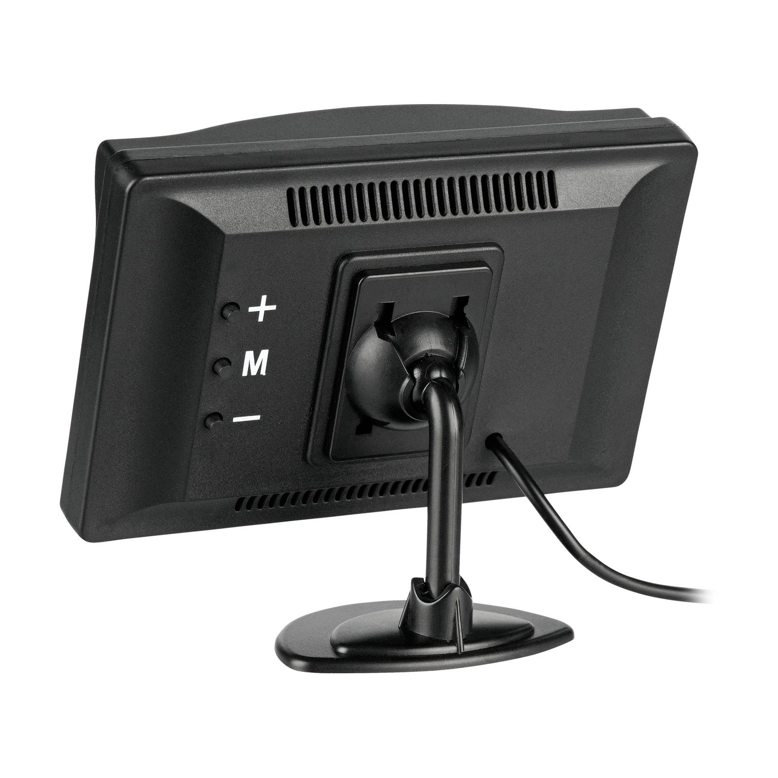 Die Rückseite eines schwarzen Monitors mit Ständer, zeigt Einstelltasten und ein Kabel.