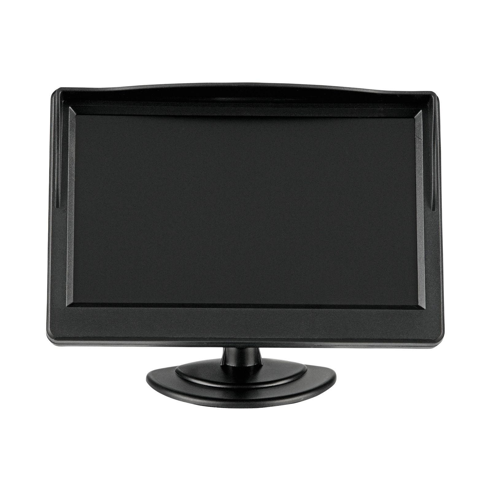Ein schwarzer Computermonitor mit Ständer, isoliert auf weißem Hintergrund.