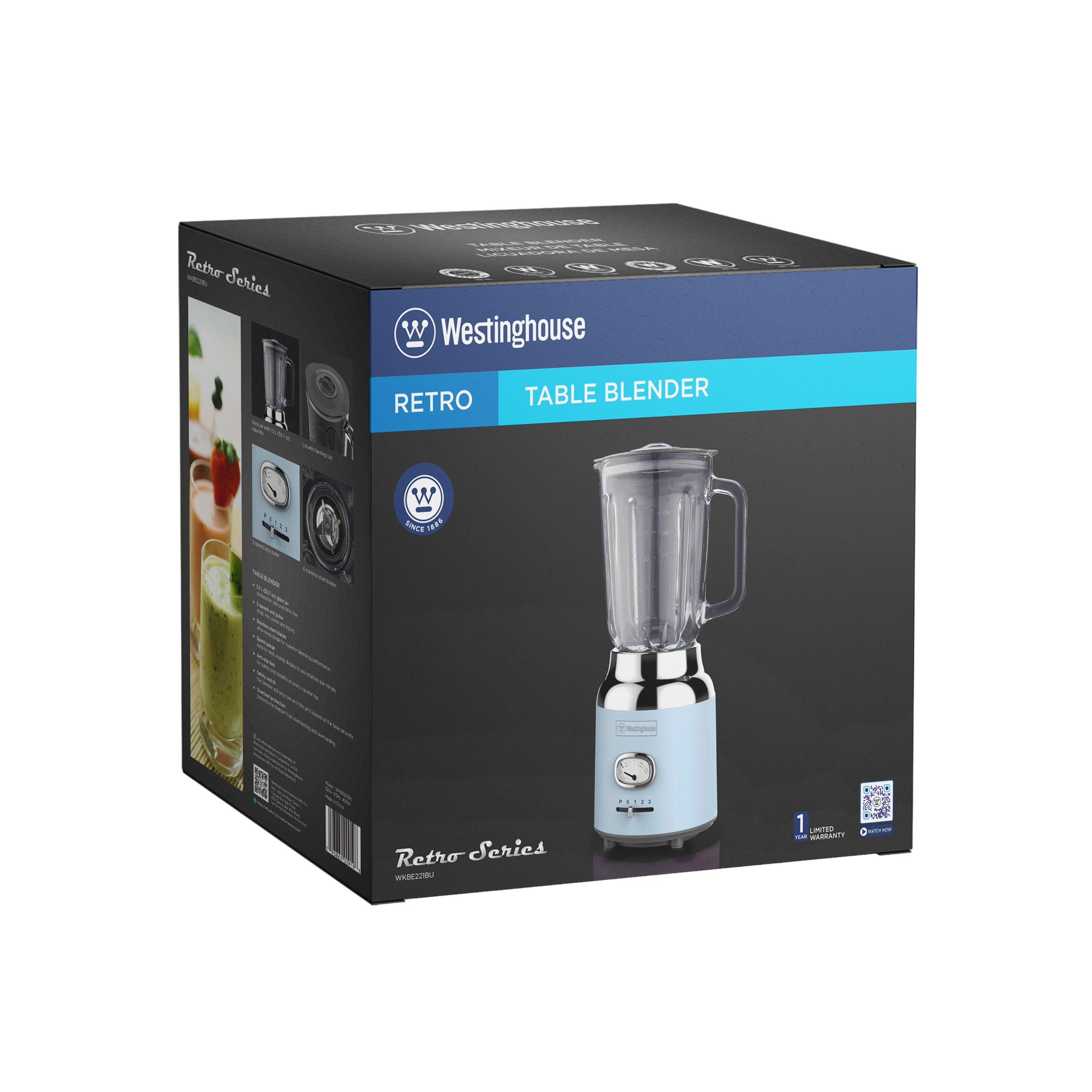 Ein Blender im Retro-Stil in seiner Box. Die Box zeigt den Blender und seine Funktionen.