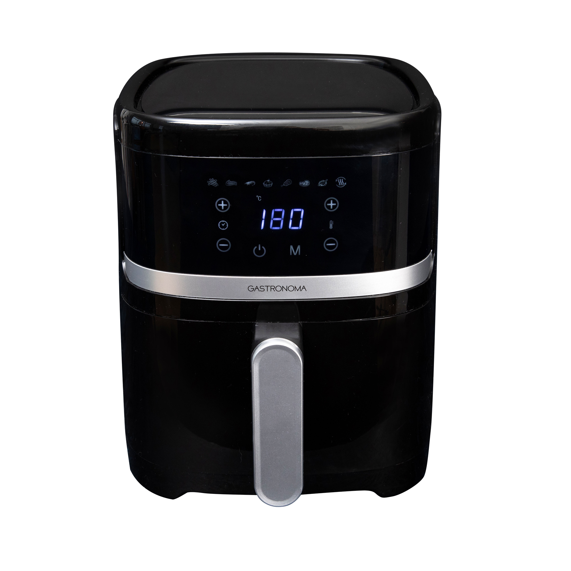 Czarna frytownica powietrzna z cyfrowym wyświetlaczem temperatury. Frytownica ma uchwyt i srebrne akcenty.