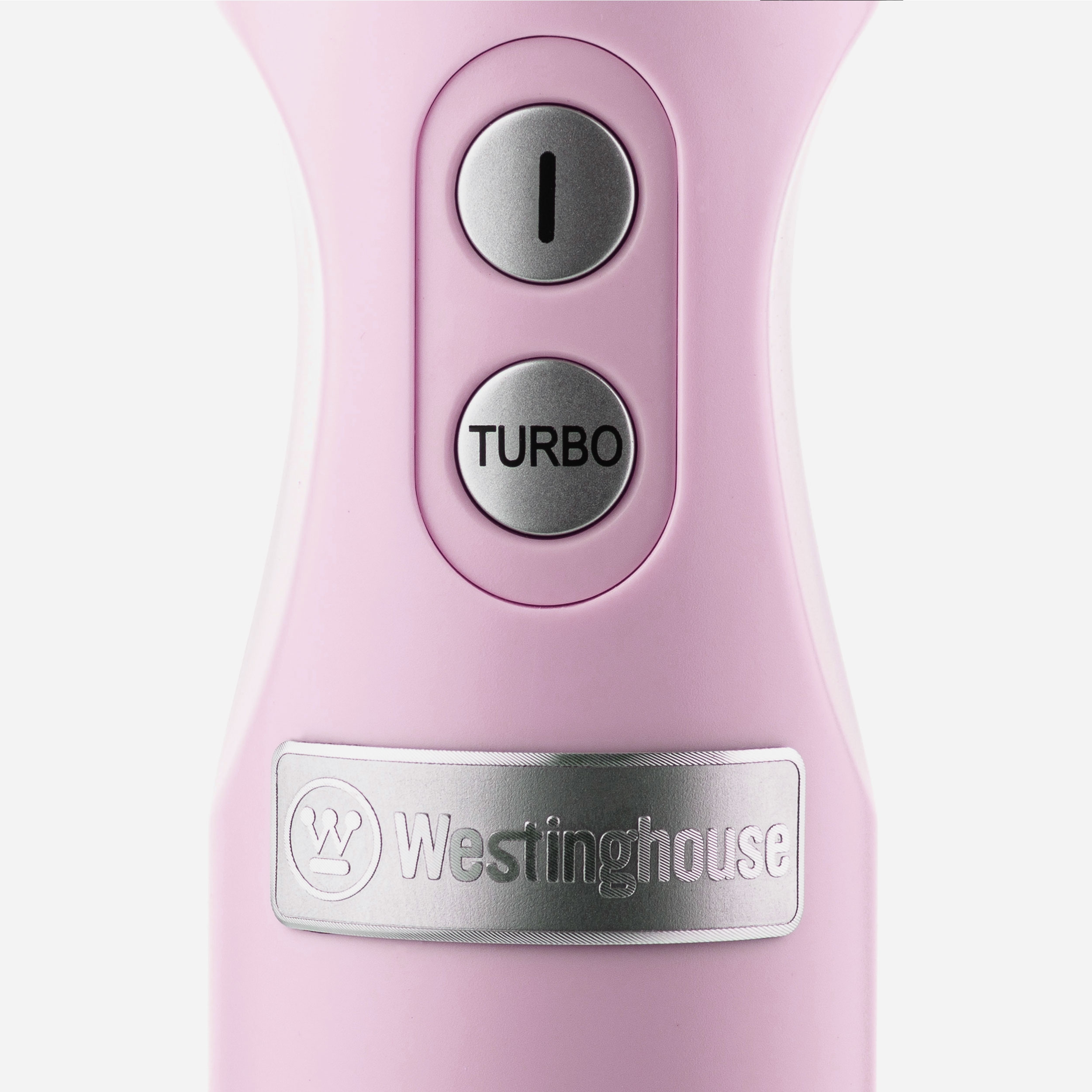 Nahaufnahme eines rosa Handrührers mit Power- und Turbo-Tasten, silbernes Logo.