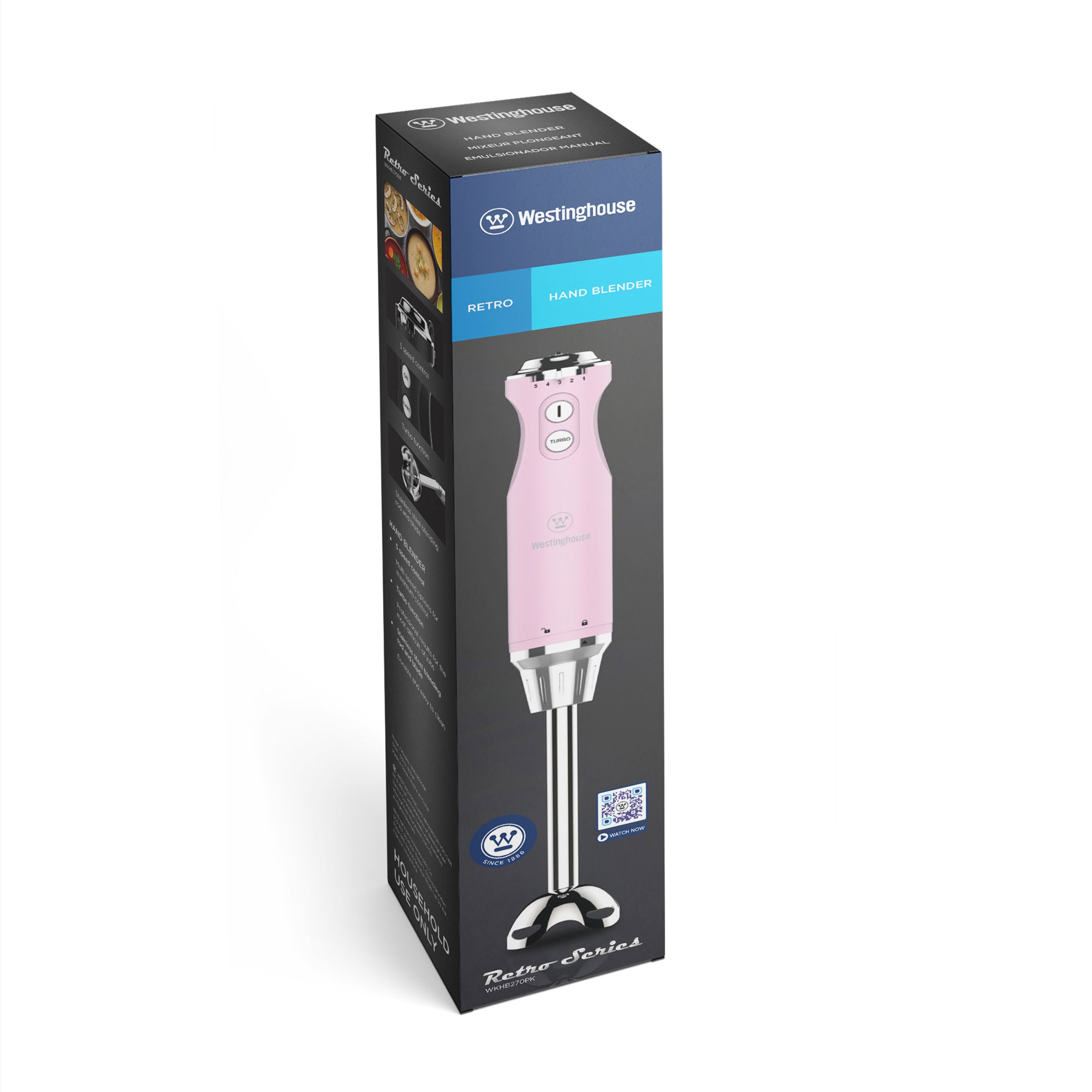 Ein rosa Westinghouse Handmixer in einer Box. Die Box ist schwarz und weiß mit Produktdetails.