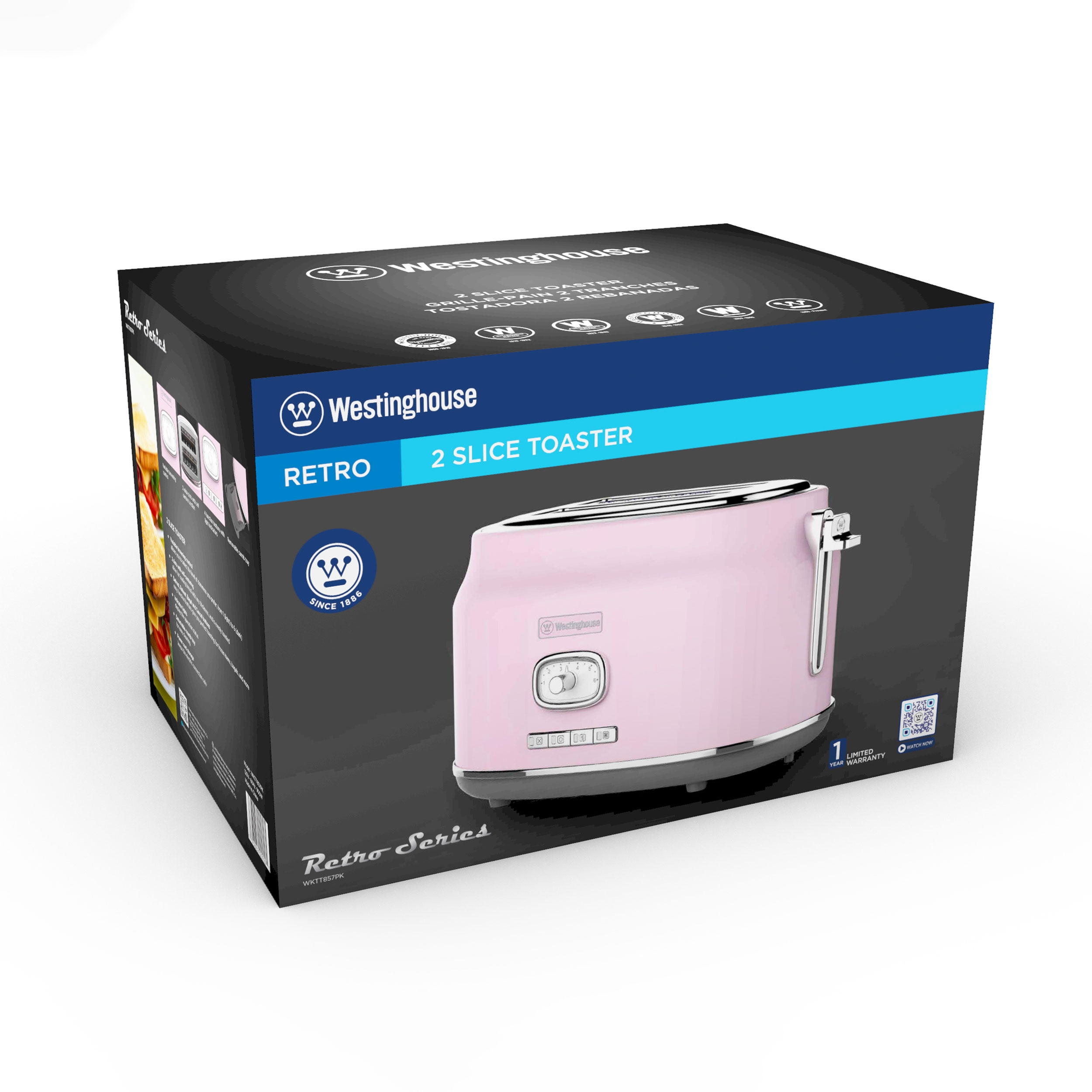 Eine rosa Westinghouse Retro 2-Scheiben-Toaster-Box. Die Box steht auf einer weißen Oberfläche.
